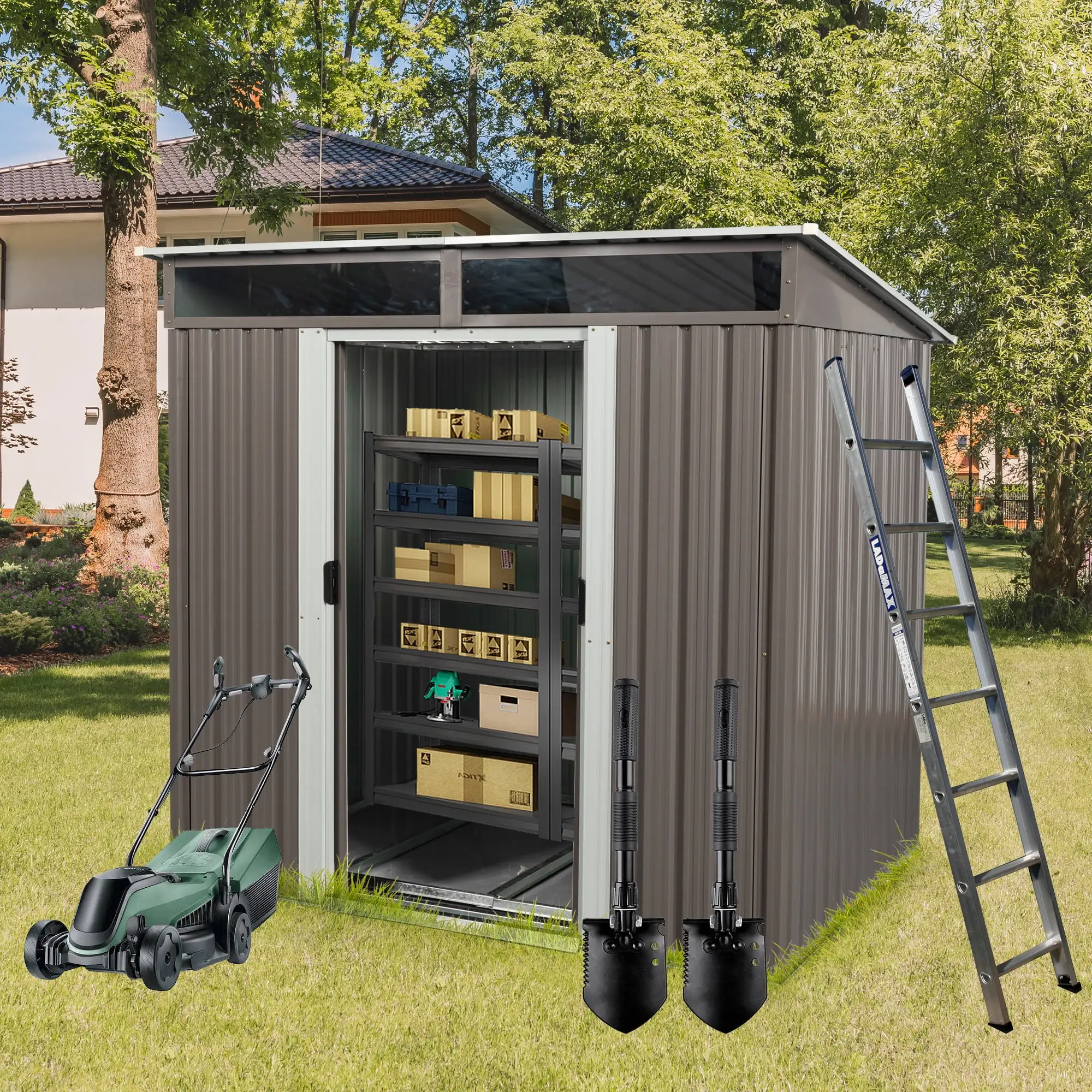 Aimee Lii 72 x 54 Outdoor Metal Storage Shed. Metal Sheds for Backyard Garden Patio Lawn. Utility Tool Shed Storage House. Gray