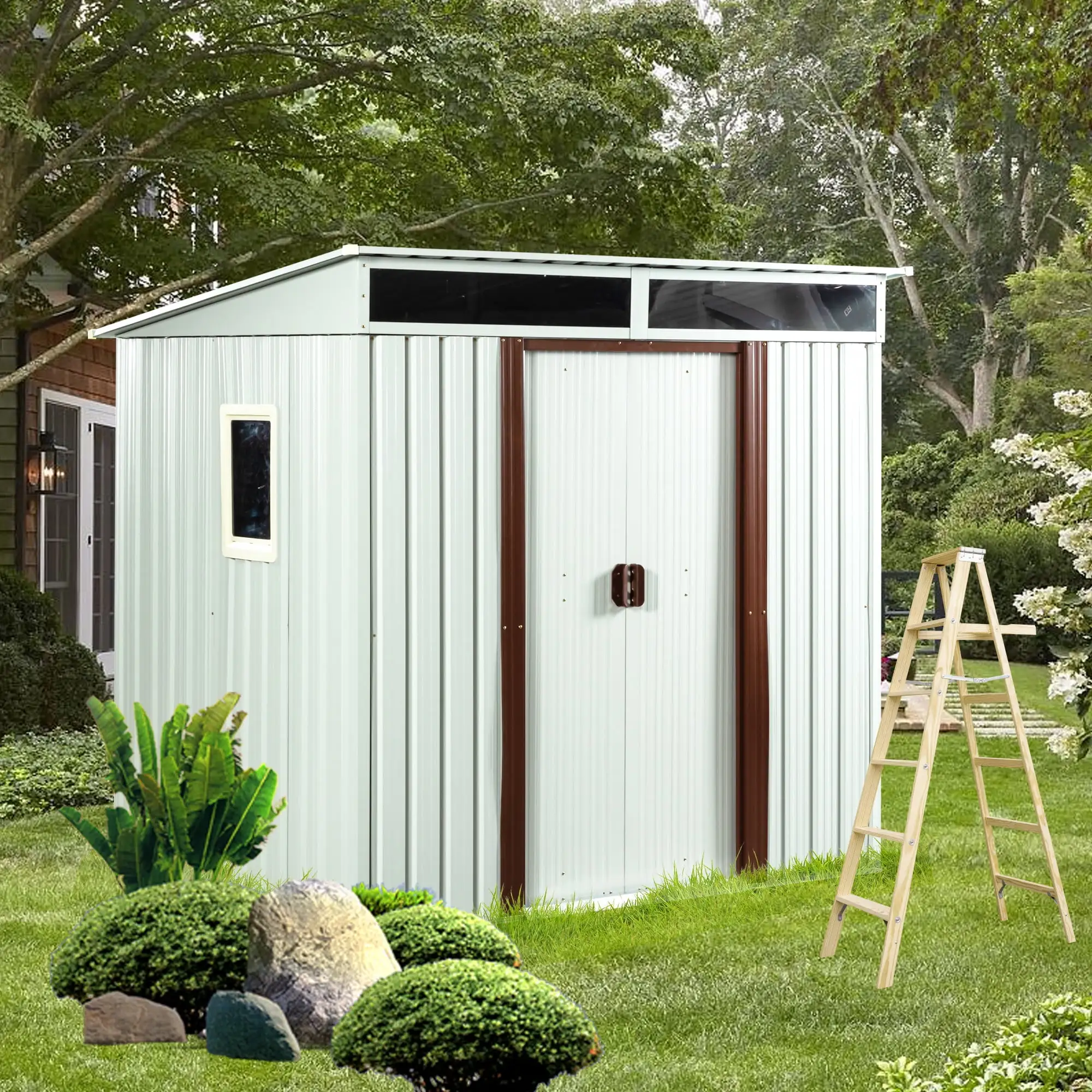 Aimee Lii 72x54 Metal Outdoor Storage Shed. Metal Sheds Outdoor Storage for Backyard Garden Patio Lawn. Utility Tool Shed Storage House. White