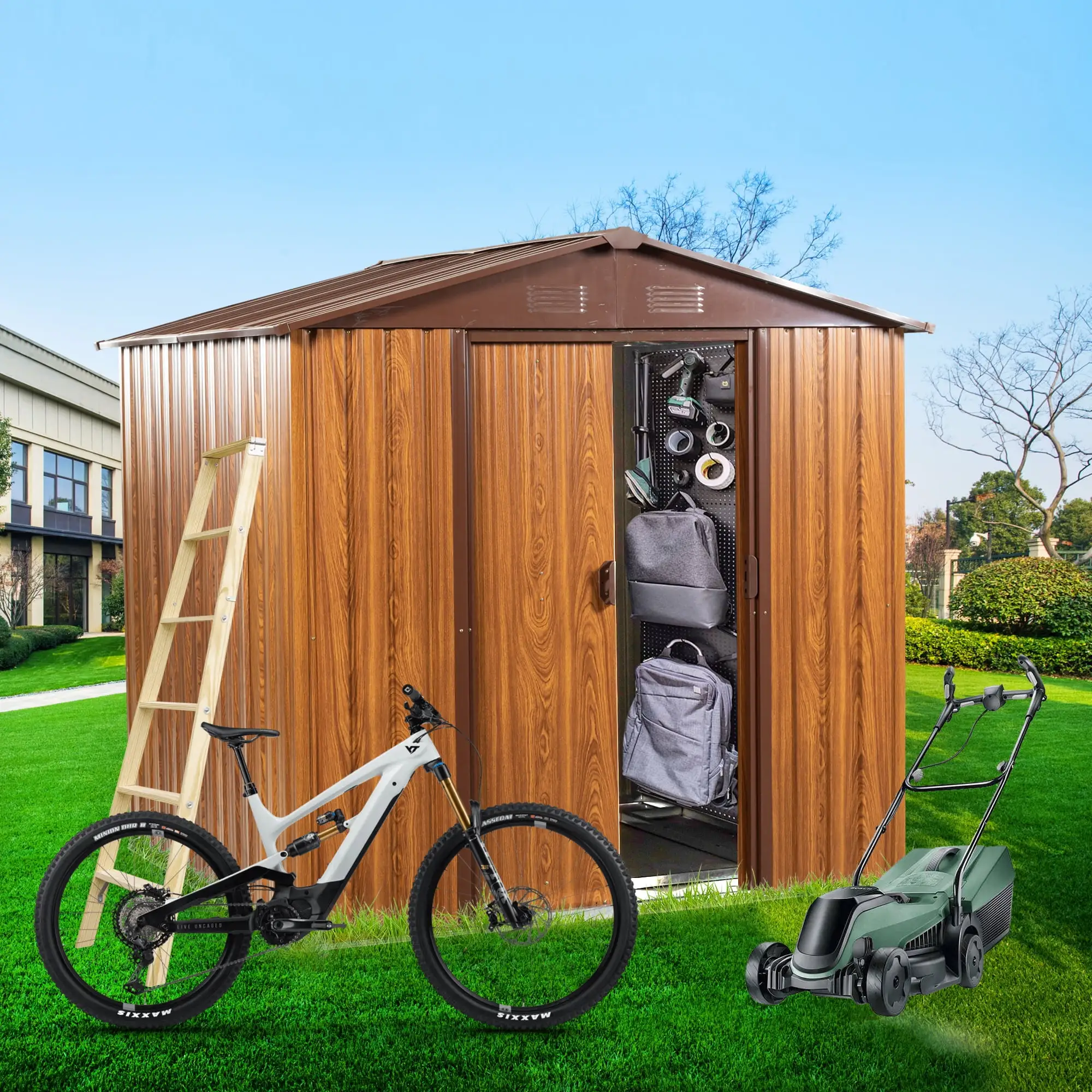 Aimee Lii 72x63 Outdoor Storage Shed. Utility Tool Shed Storage House. Sheds Outdoor Storage for Backyard Garden Patio Lawn. Brown