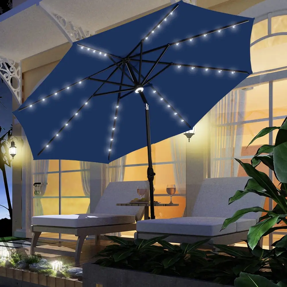 Ainfox 10ft Patio Umbrella Outdoor Solar Powered with 40 LED Lights.One Center Light and 8 Sturdy Ribs Without Base(Navy Blue)