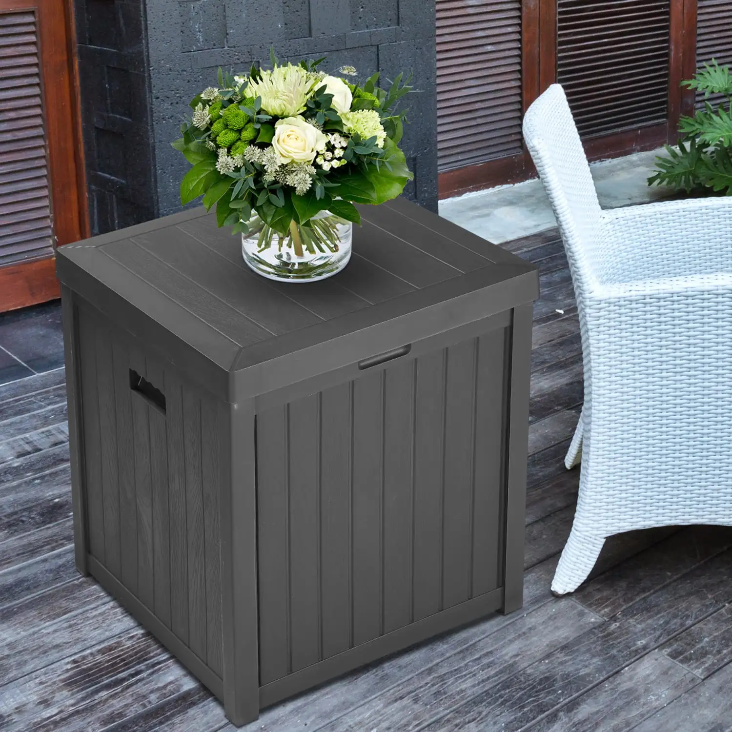 Ainfox 55 Gallon Patio Storage Deck Box Outdoor Storage Plastic Bench Box 42.Resin Wicker Storage Container Bench Seat (Grey)