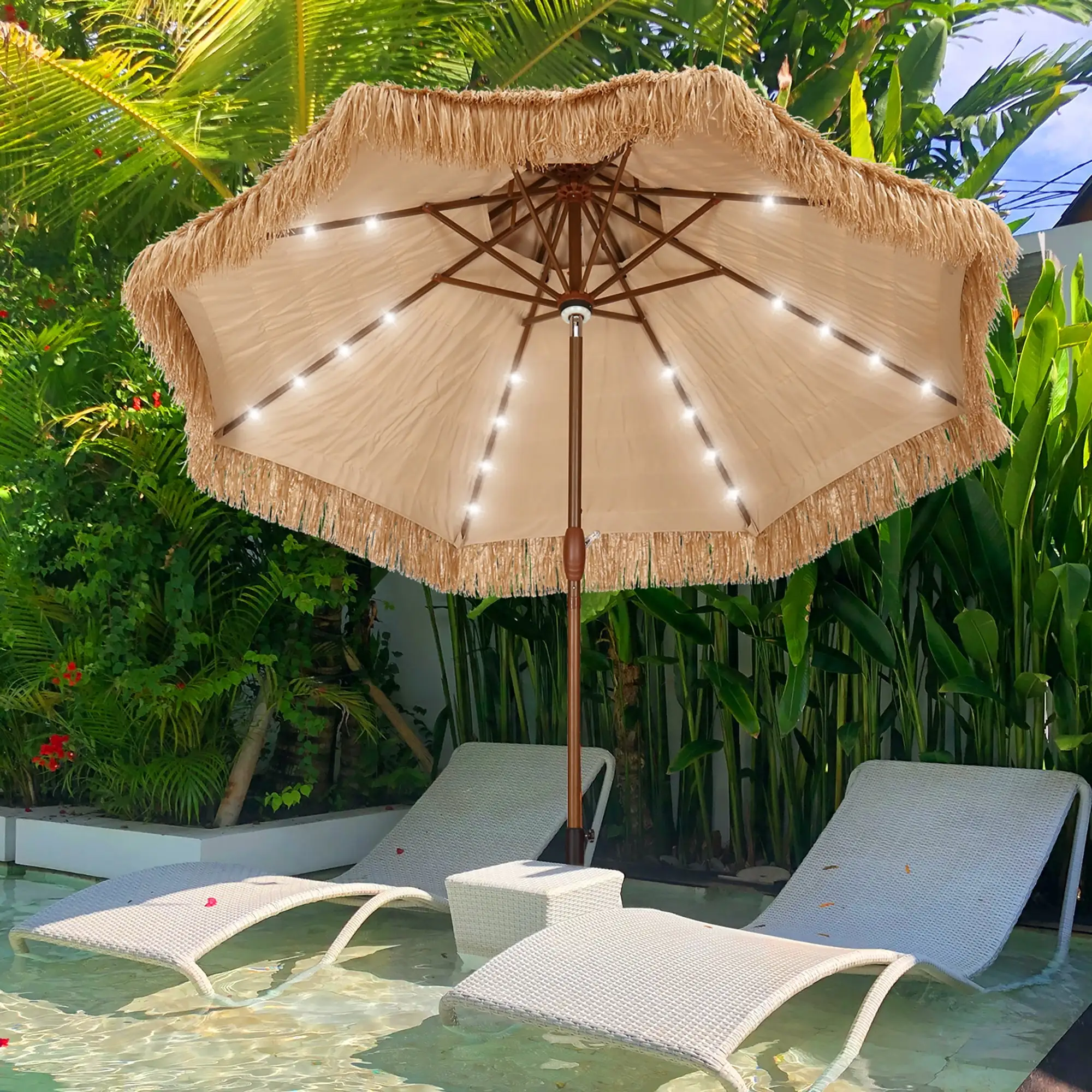 Ainfox 9FT Double Tiers Solar LED Lights Thatched Tiki Umbrella. Outdoor. Pool. Patio. Beach