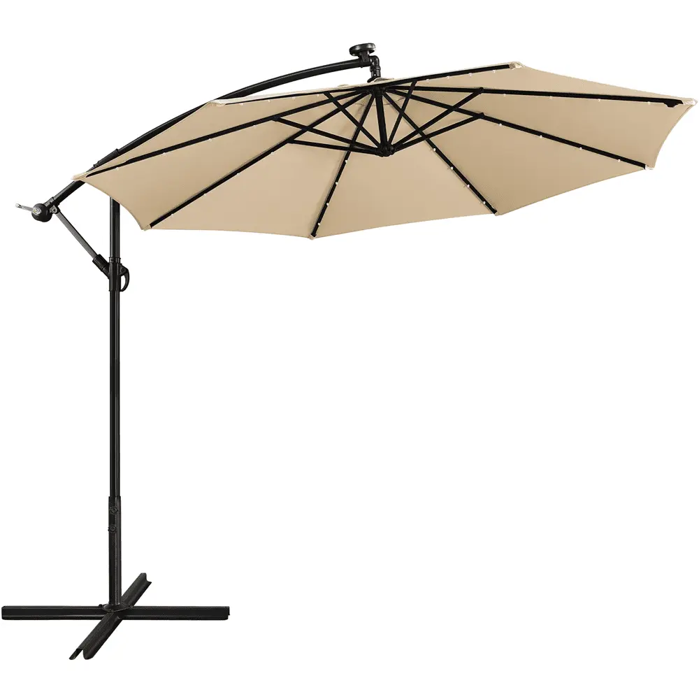 Alden Design 10FT Patio Offset Umbrella with 32 LED Lights Crank & Cross Base for Outdoor. Tan