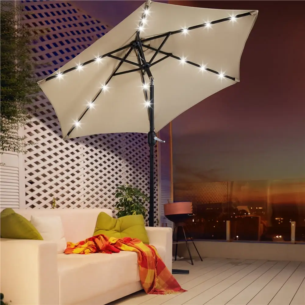 Alden Design 7.5ft Standard Patio Umbrella with LED Lights. Tan