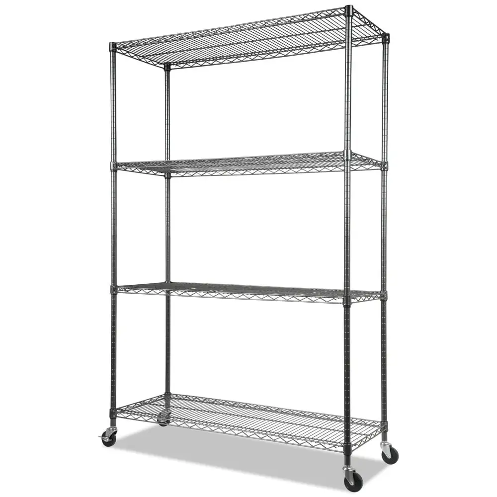 Alera Complete Wire Shelving Unit with Casters. Four-Shelf. 48 x 18 x 72. Black Anthracite