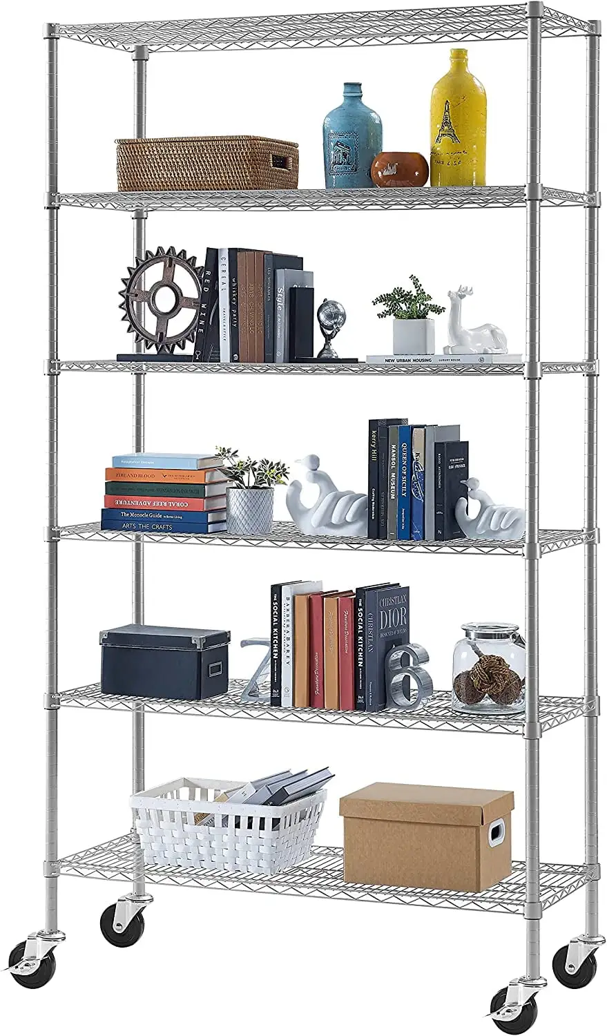 Alohappy 6 Tier Wire Shelving Unit. Adjustable Metal Shelf Corner Storage Shelves with Wheels and Adjustable Feet Steel Layer Storage Rack for Home Kitchen Garage Pantry. 82 H x 48 L x 18 D. Sliver