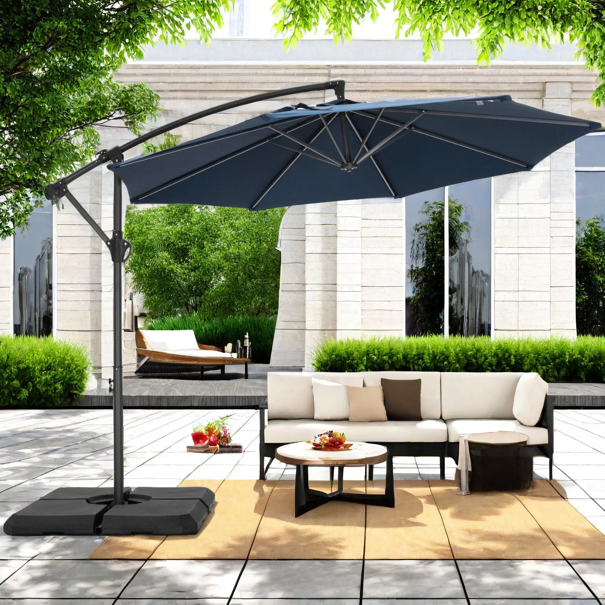 Alpha Joy 10ft Outdoor Patio Offset Market Hanging Umbrella with 8 Steel Ribs & Cross Base(No Weight). Navy Blue