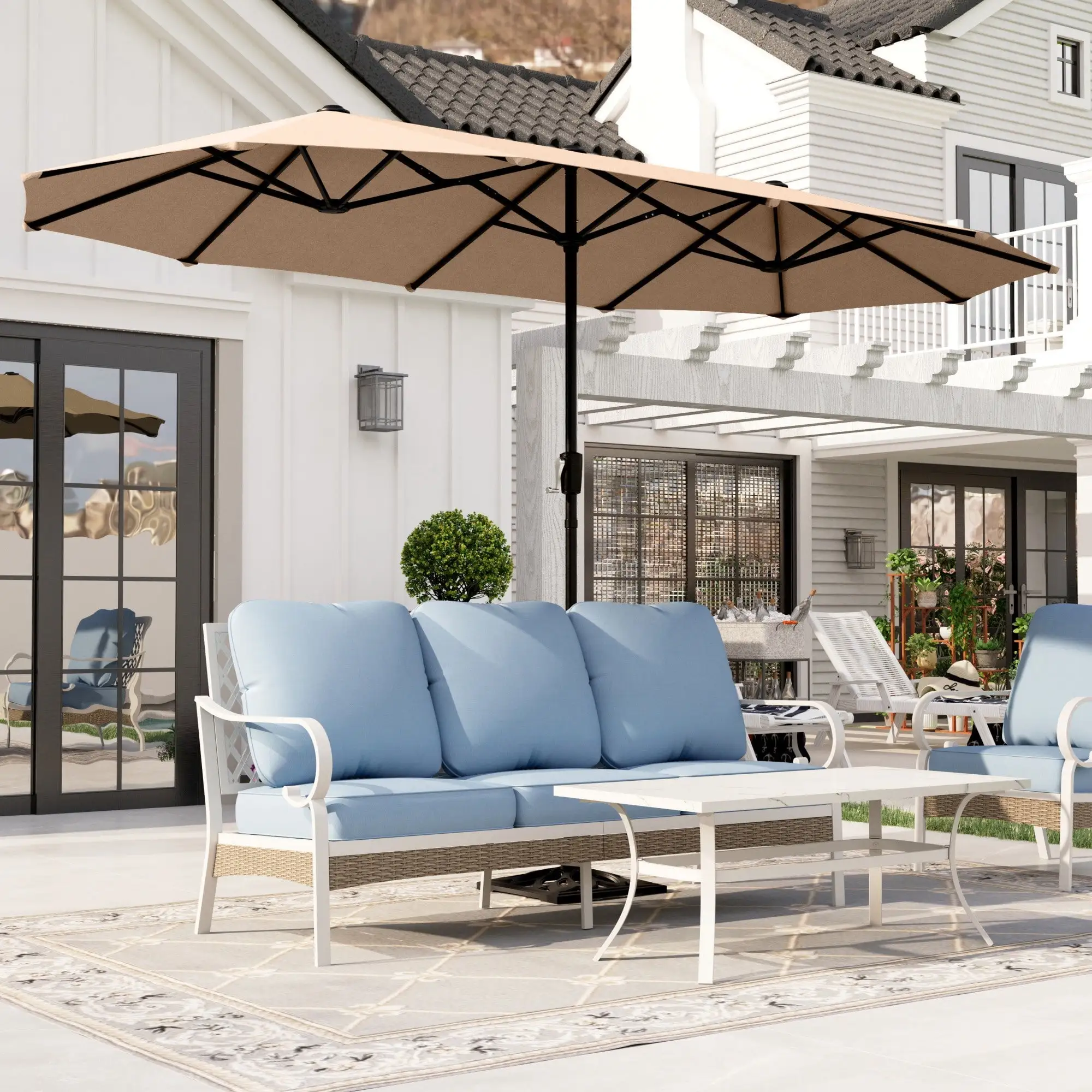 Alpha Joy 13x6.5ft Double-Sided Extra Large Outdoor Patio Umbrella with Crank Handle. Beige