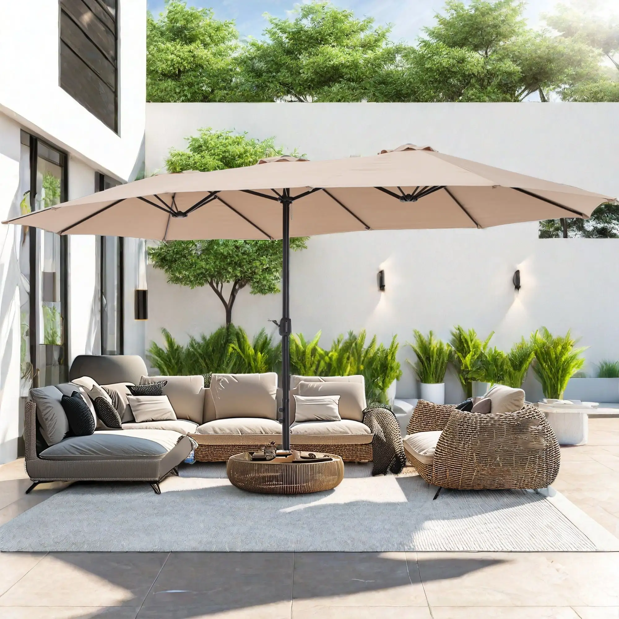 Alpha Joy 15ft Outdoor Patio Umbrella Extra-Large Double-Sided Garden Umbrella with Crank Handle and Base - Beige