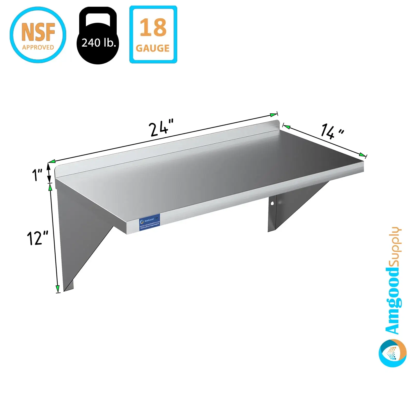 AmGood 14 Width x 24 Length | Stainless Steel Wall Shelf | Square Edge | Metal Shelving | Heavy Duty | Commercial Grade | Wall Mount | NSF Certified