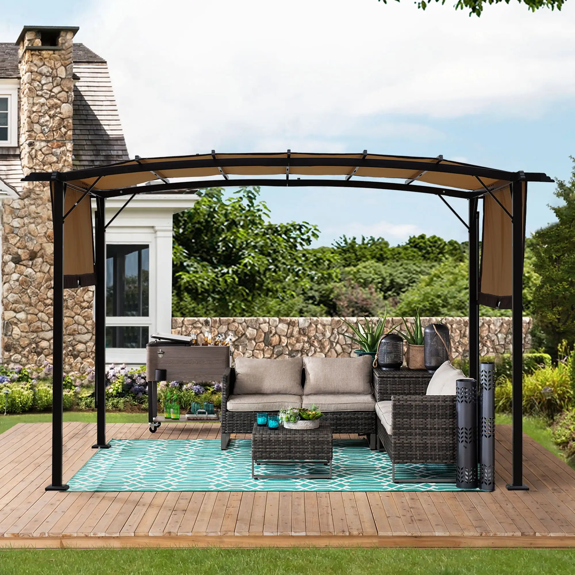 Ambifirner 12 x 9 Ft Outdoor Retractable Pergola - Aluminum Frame Patio Pavilion with Sun Shade Canopy Cover. Sun Shelter Gazebo for Deck. Porch. Garden. Lawn