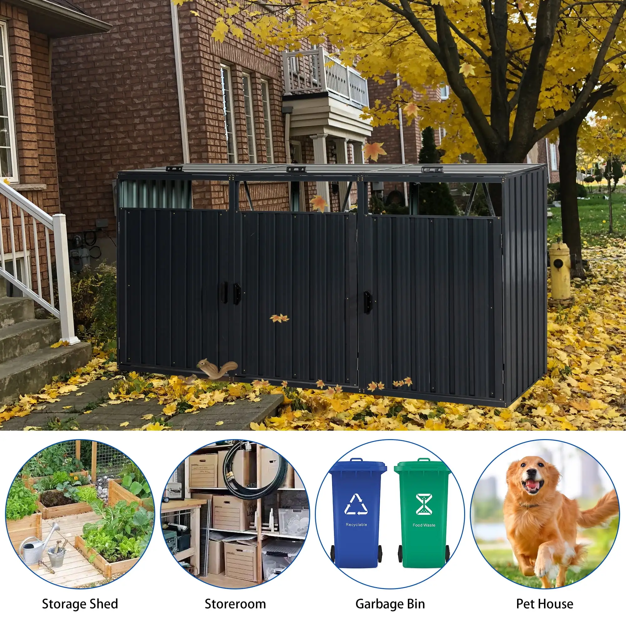 Andoer Garbage Bin Shed Stores 3 Trash Cans Metal Bin Shed for Garbage Storage.Stainless Galvanized Steel. Bin Shed for Garden Yard Lawn W540S00009