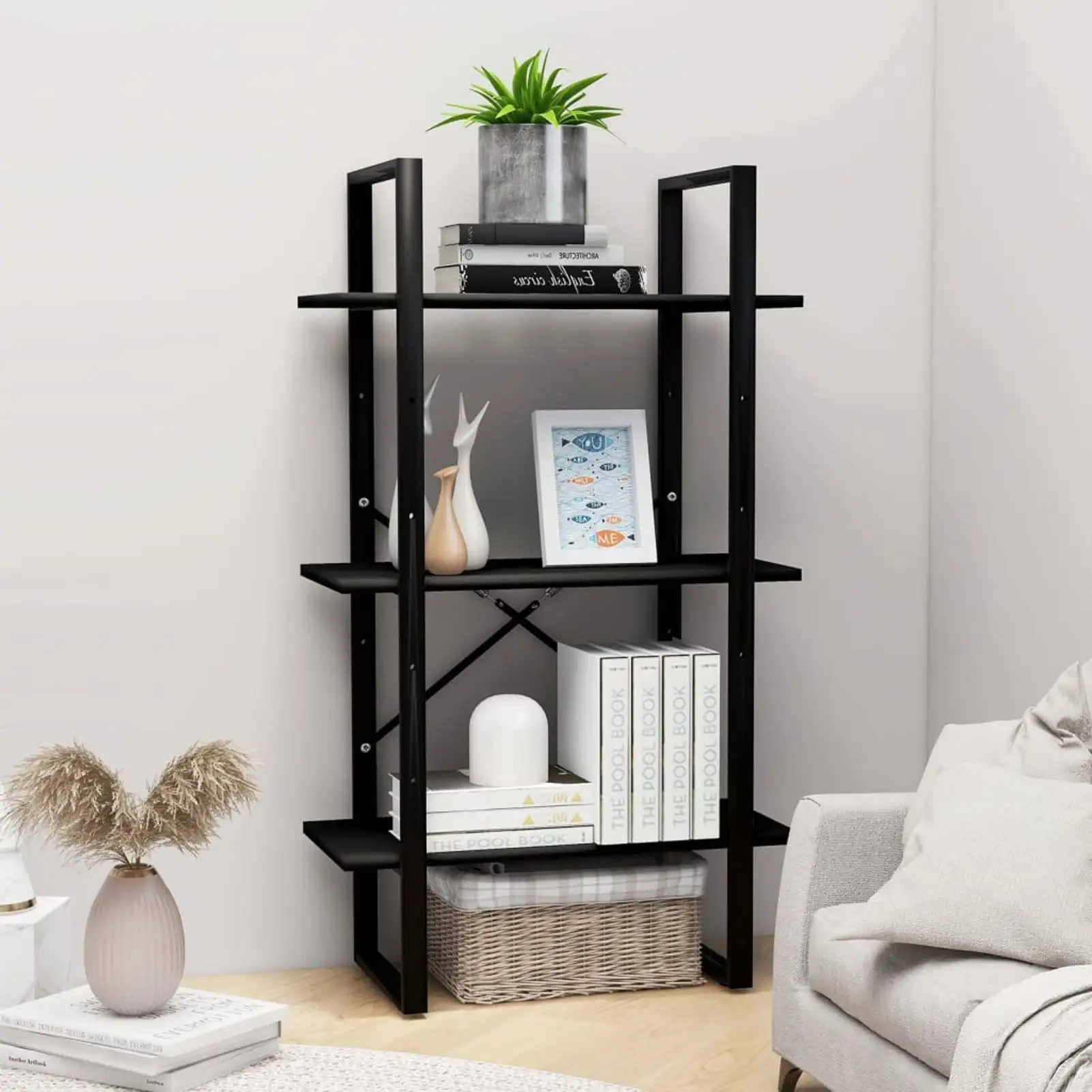 Anself 3-Tier Book Cabinet Chipboard Storage Shelf Bookcase Organizer Metal Frame Bookshelf Black for Living Room. Bedroom. Home 23.6 x 11.8 x 41.3 Inches (W x D x H)