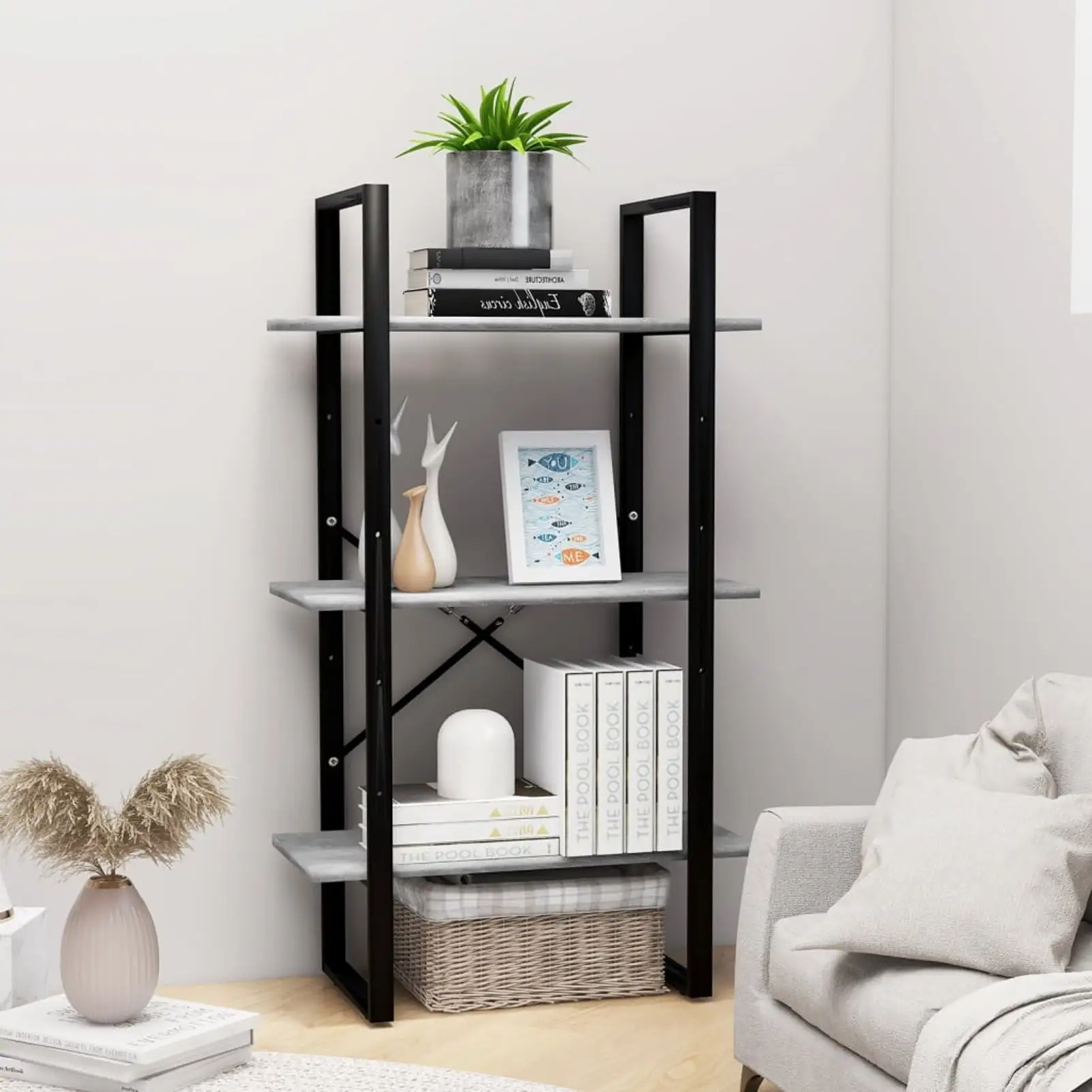 Anself 3-Tier Book Cabinet Chipboard Storage Shelf Bookcase Organizer Metal Frame Bookshelf Concrete Gray for Living Room. Bedroom. Home 23.6 x 11.8 x 41.3 Inches (W x D x H)