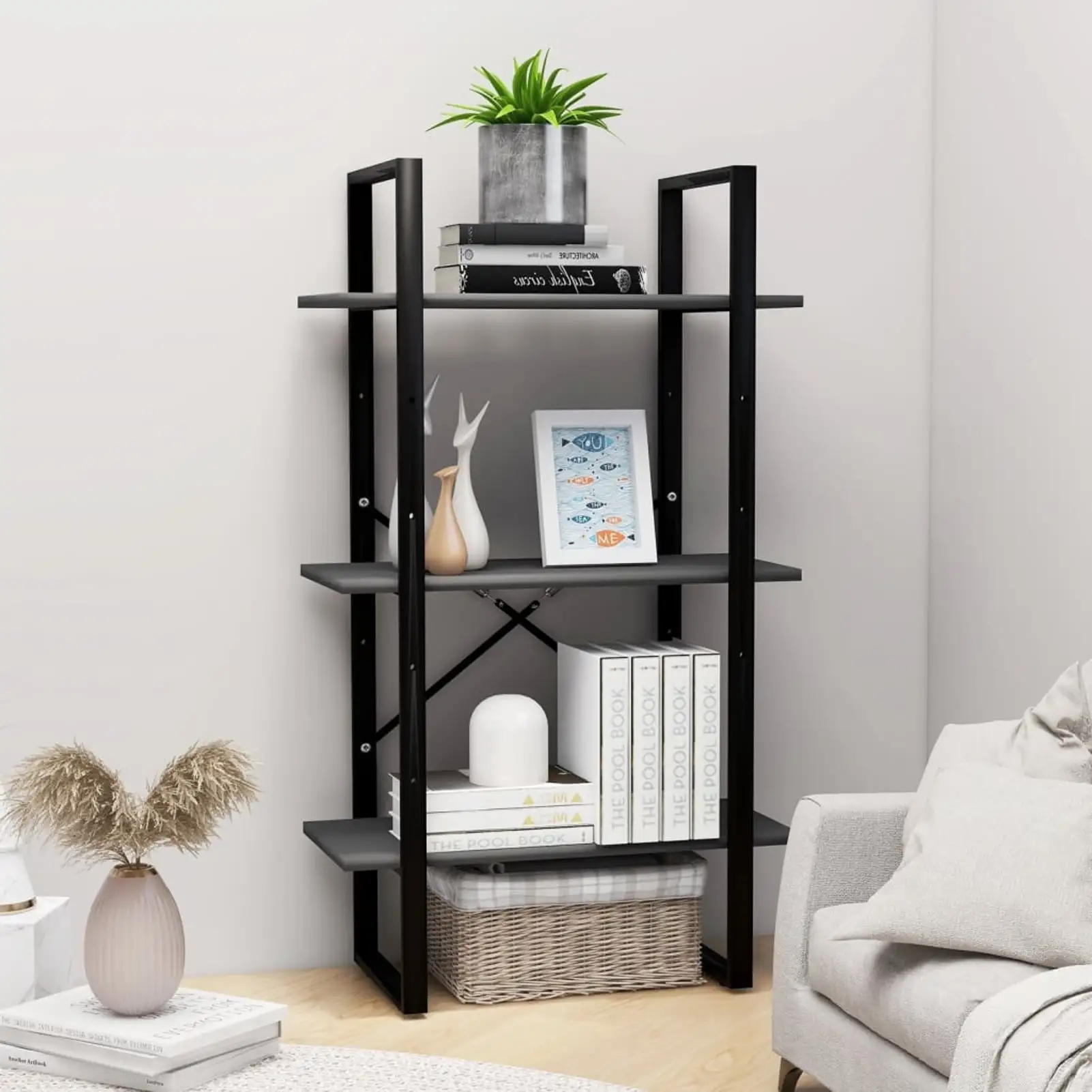 Anself 3-Tier Book Cabinet Chipboard Storage Shelf Bookcase Organizer Metal Frame Bookshelf Gray for Living Room. Bedroom. Home 23.6 x 11.8 x 41.3 Inches (W x D x H)