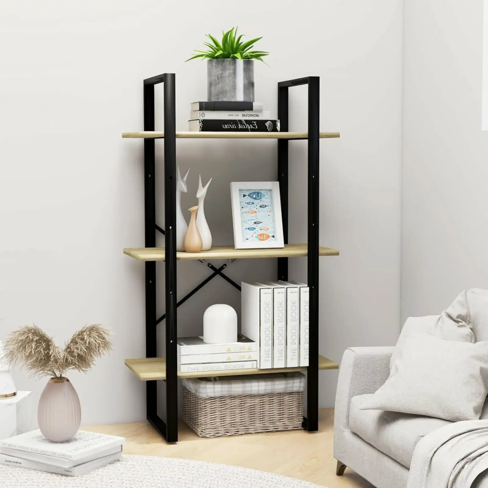 Anself 3-Tier Book Cabinet Chipboard Storage Shelf Bookcase Organizer Metal Frame Bookshelf Sonoma Oak for Living Room. Bedroom. Home 23.6 x 11.8 x 41.3 Inches (W x D x H)