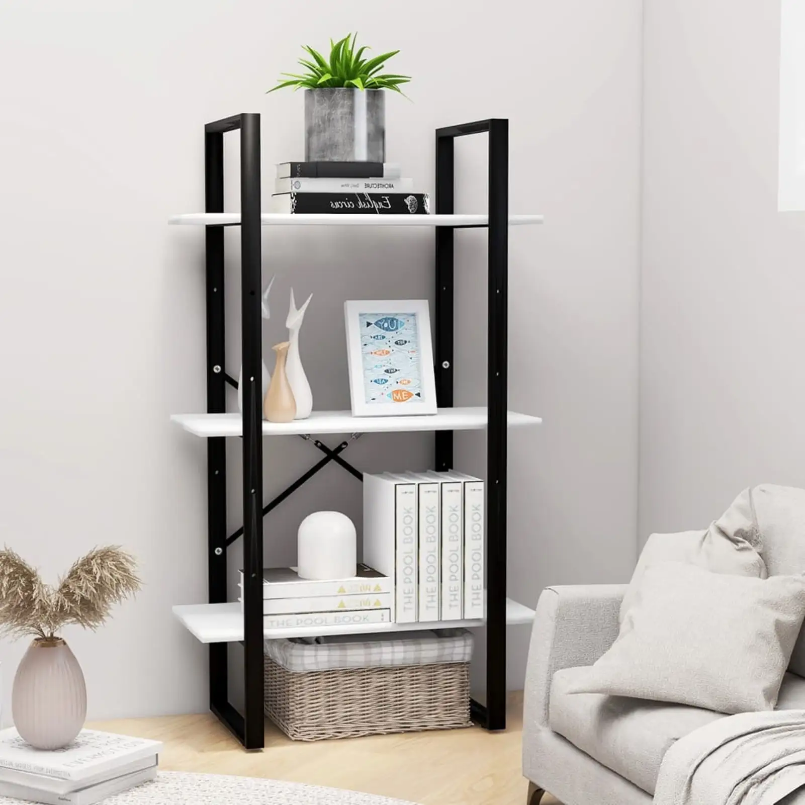 Anself 3-Tier Book Cabinet Chipboard Storage Shelf Bookcase Organizer Metal Frame Bookshelf White for Living Room. Bedroom. Home 23.6 x 11.8 x 41.3 Inches (W x D x H)