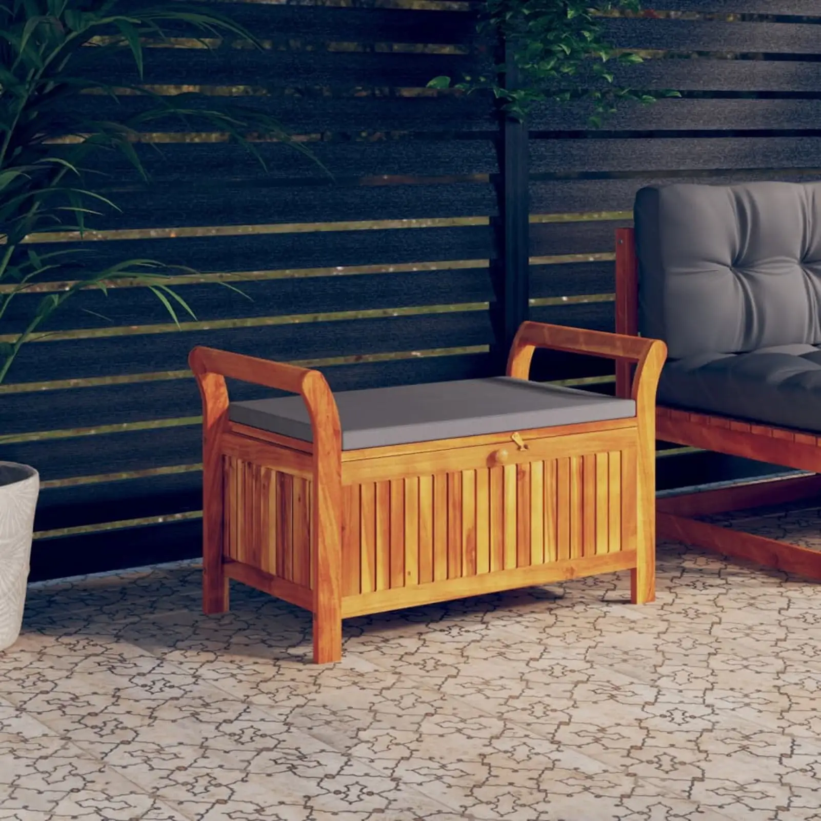 Anself Patio Storage Bench with Compartment and Seat Cushion. Acacia Wood Bench for Balcony Garden Entryway Yard Porch Backyard 35.8 x 19.7 x 23.6 Inches (L x W x H)