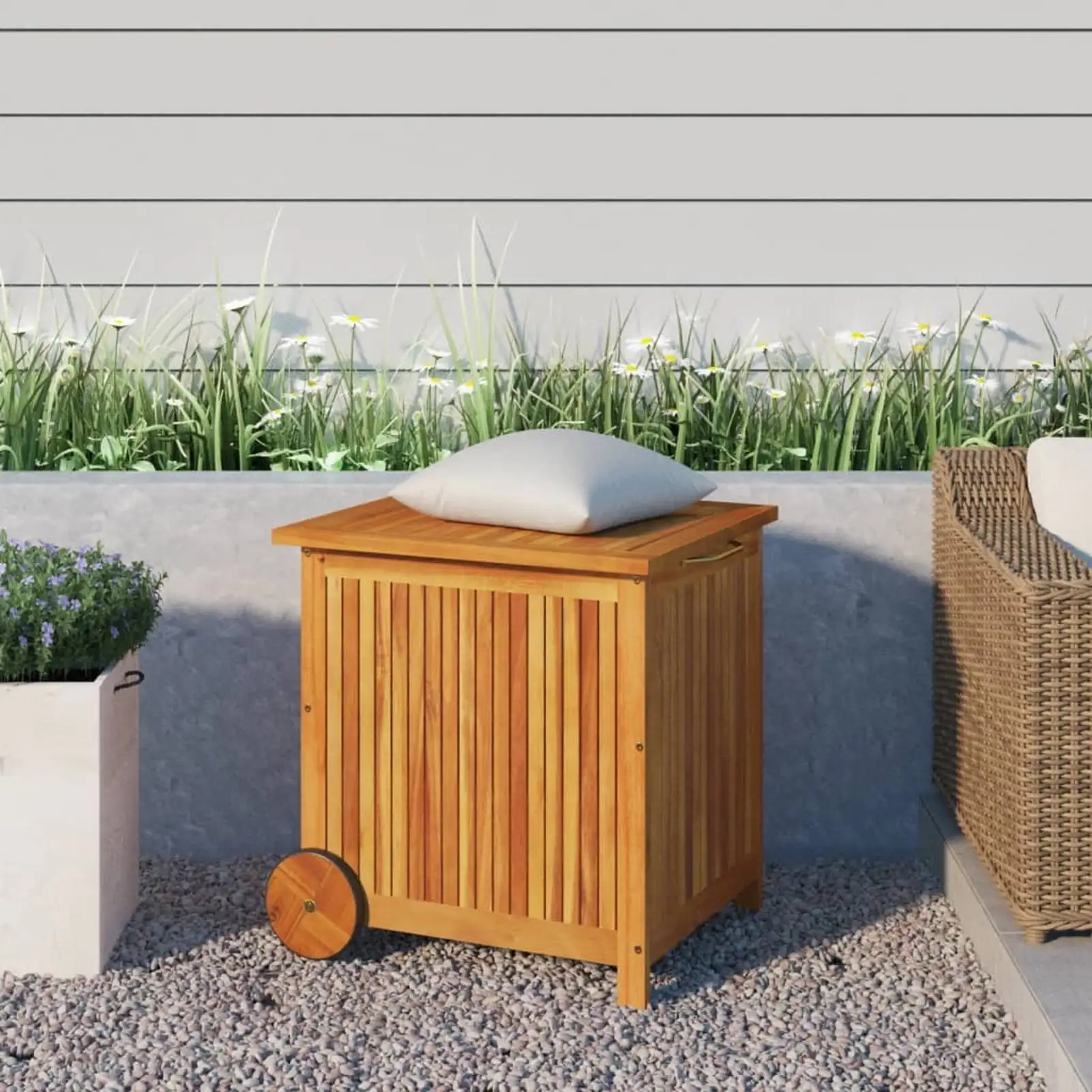 Anself Patio Storage Box with Inner Bag and Wheels. Acacia Wood Indoor Outdoor Deck Box. Wooden Storage Container for Garden Tools. Pool Supplies. Patio Cushions. Pillows. Blankets