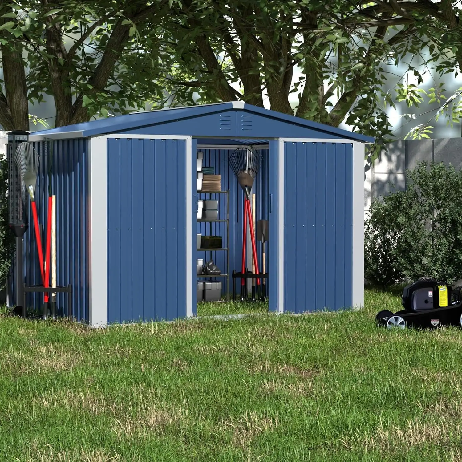 Aobabo Metal Outdoor Storage Shed.8.6??6.3 FT Steel Utility Tool Shed Storage House with Sliding Door.Metal Sheds Outdoor Storage for Backyard Garden Patio Lawn (H6'xW8.6'x D6.3') Blue&White