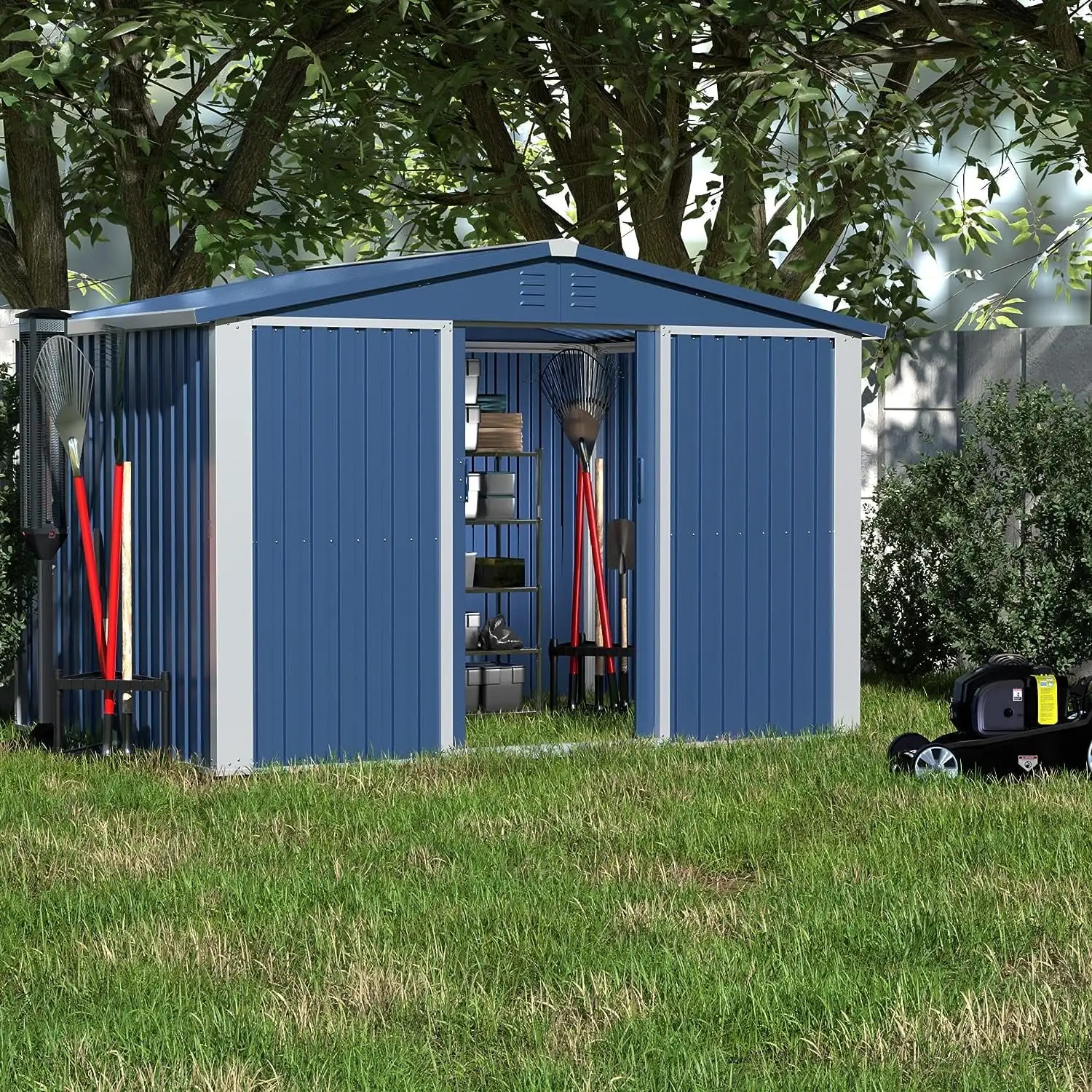 Aobabo Metal Outdoor Storage Shed. 8.6??6.3 FT Steel Utility Tool Shed Storage House with Sliding Door. Metal Sheds Outdoor Storage for Backyard Garden Patio Lawn (H6'xW8.6'x D6.3') Blue&White