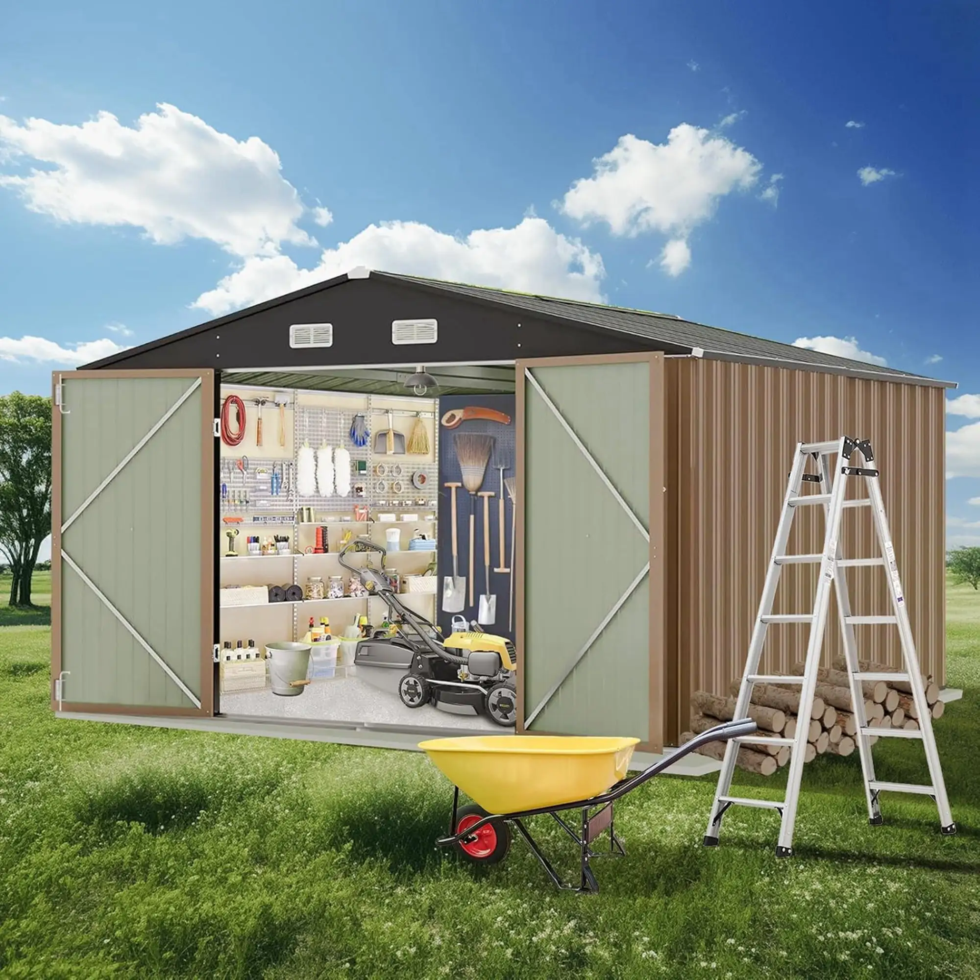 Aoile 10'x8' Outdoor Metal Storage Shed with Lockable Doors & Sloping Roof for Backyard. Garden. Lawn