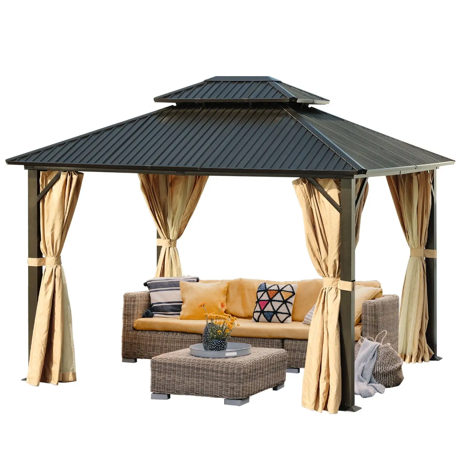 Aoodor 12 x 10 ft. Aluminum Frame Hardtop Roof Gazebo. Outdoor Patio 2-Tier Metal Roof Gazebo with Mosquito Netting and Curtains. Suitable for Patios. Garden and Backyard - Black