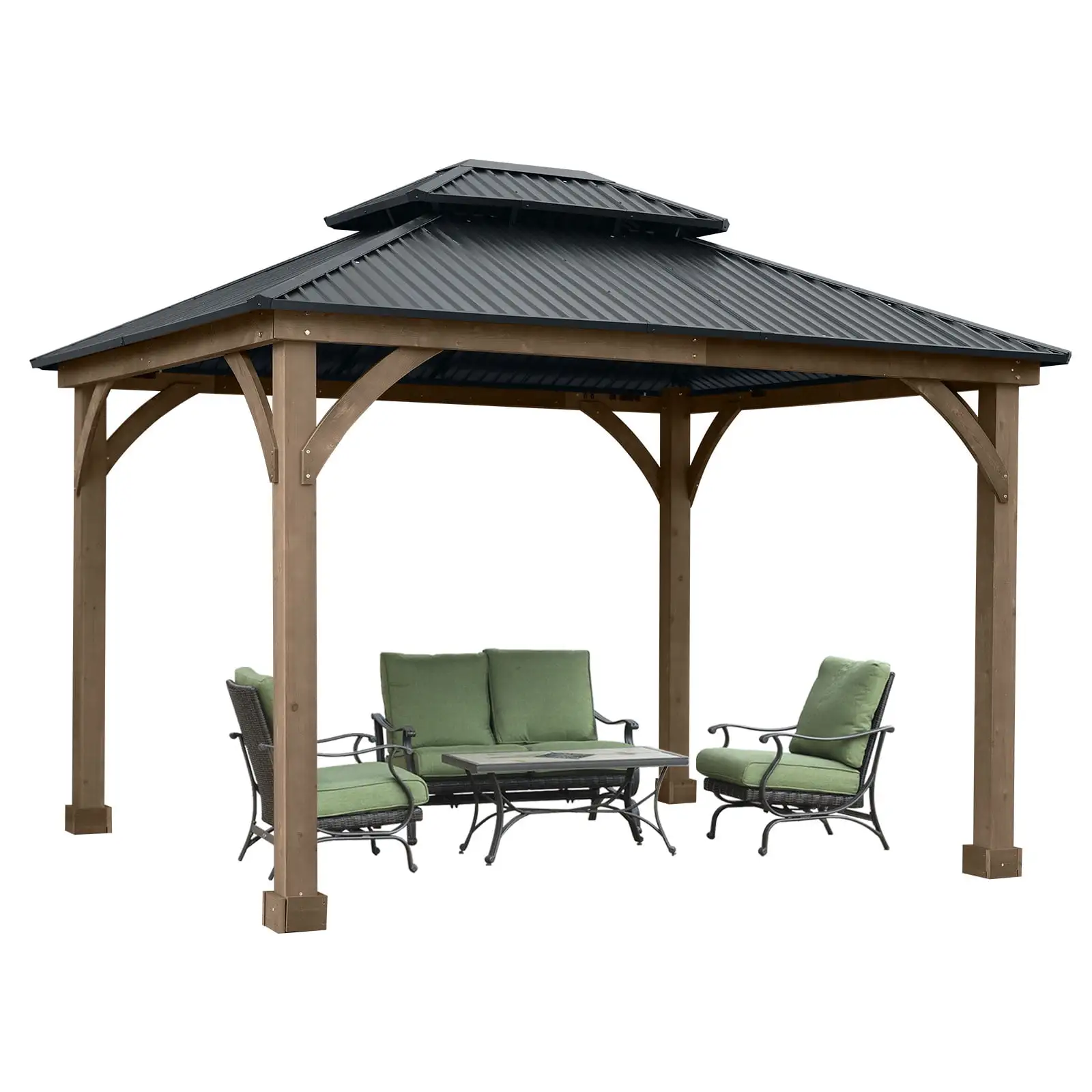 Aoodor 12 x 10 ft. Outdoor Solid Wooden Frame Gazebo with 2-Tier Hardtop Roof. for Patio Backyard Deck and Lawns