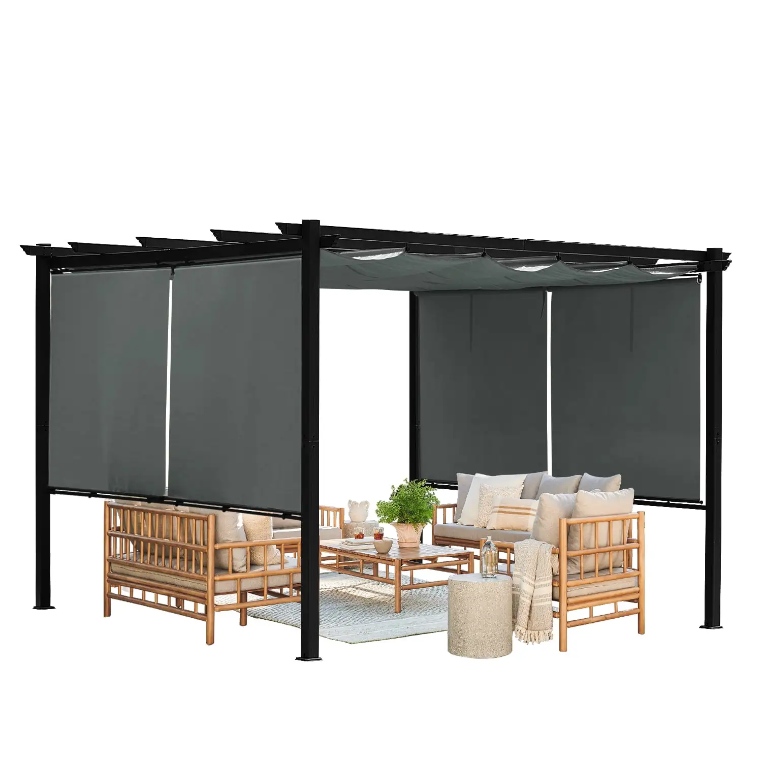 Aoodor 12 x 12 FT Outdoor Pergola with Retractable Shade Canopy. Dark Gray Matte Aluminum Frame. 4 Pieces Roller Shade Curtain. Grape Trellis Pergola for Patio Backyard and Deck - Gray