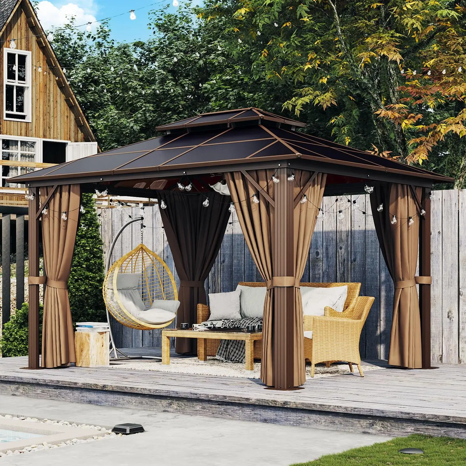 Aoxun 10 ft. x 12 ft. Hardtop Gazebo. Double Polycarbonate Roof Aluminum Frame Gazebo W/Curtain and Netting. Brown