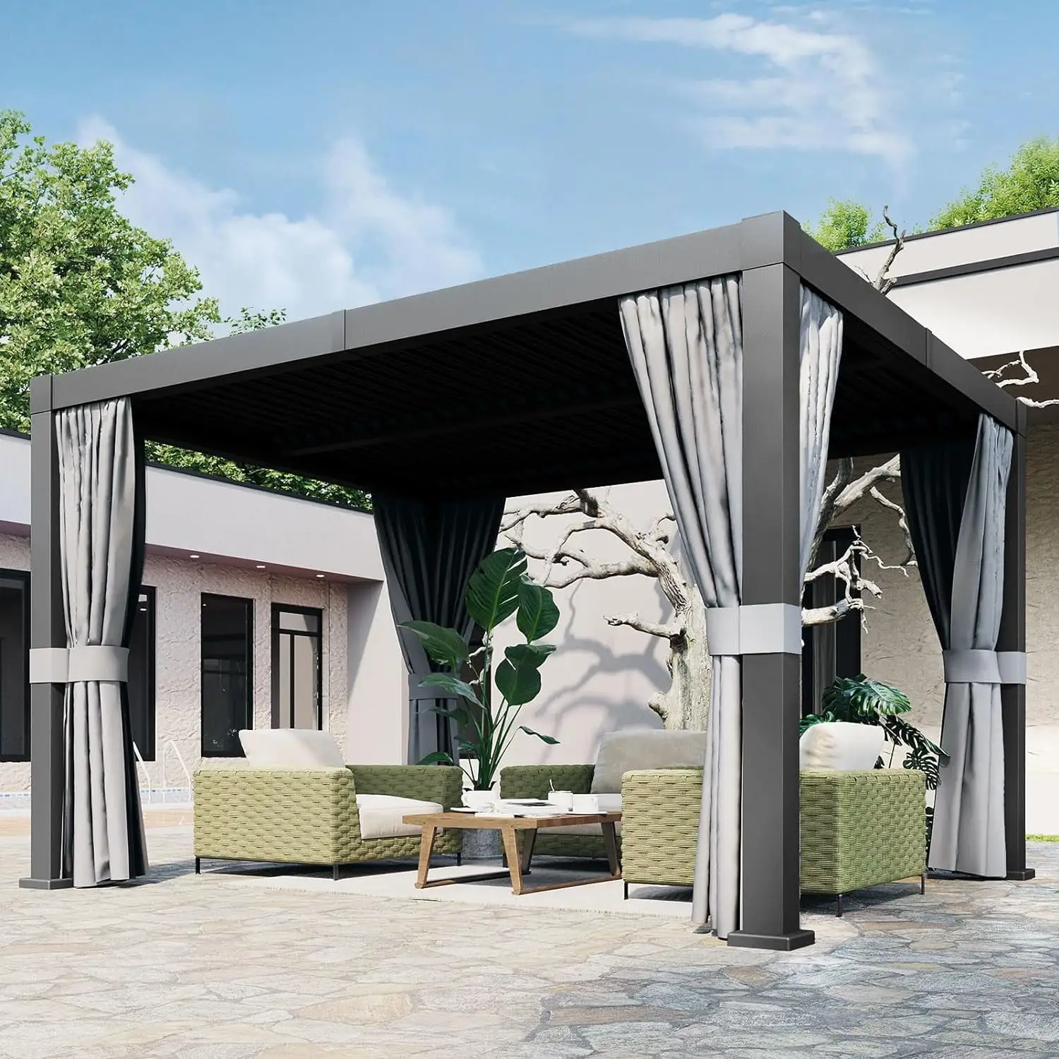 Aoxun 10' x 12' Louvered Pergola. Outdoor Aluminum Pergola with Adjustable Top for Decks. Gardens and Backyards. Gray