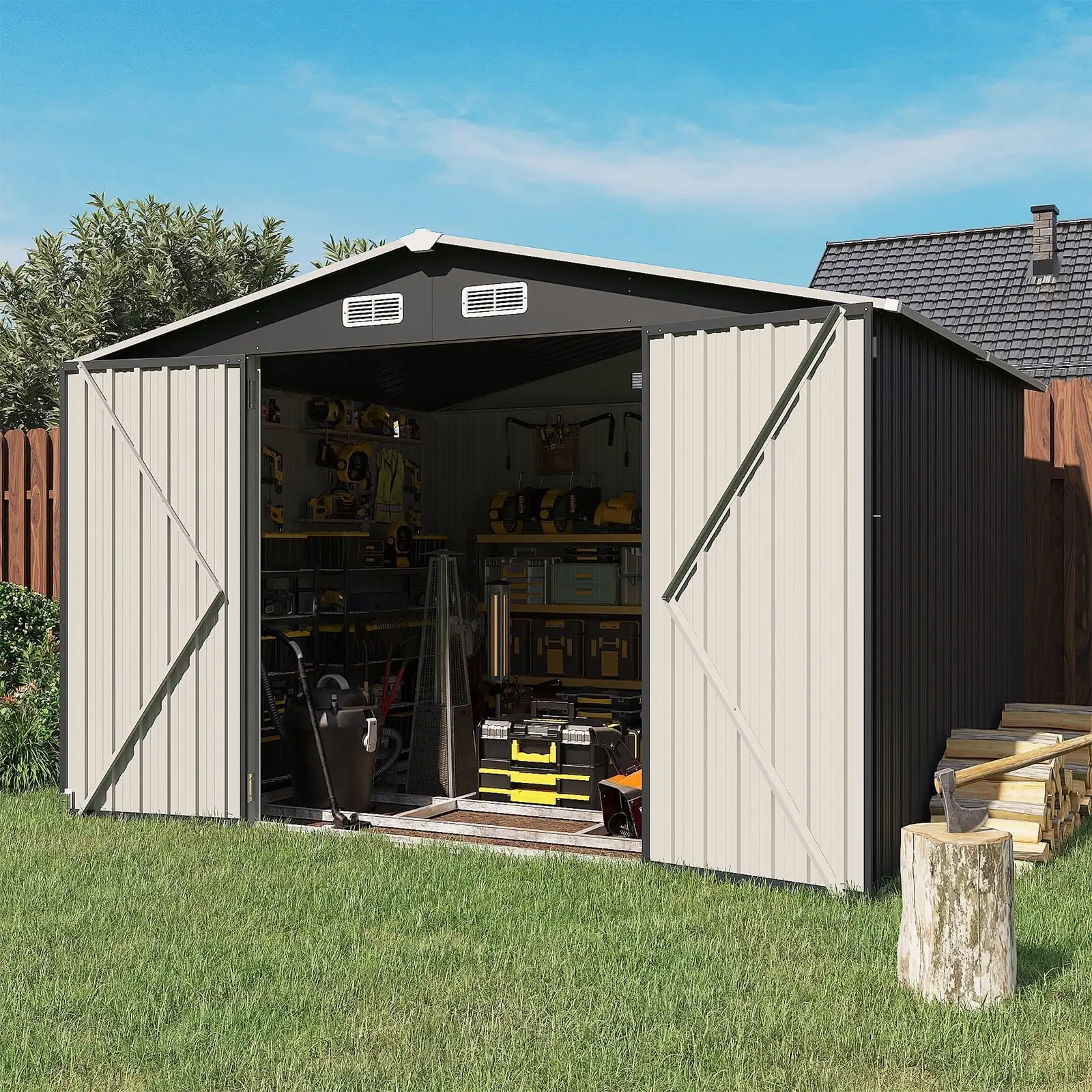 Aoxun 10'x 8' Outdoor Storage Shed with Base Frame. Metal Garden Tool Shed with Lockable Door. Galvanized Steel Shed for Backyard. Lawn and Patio. Black