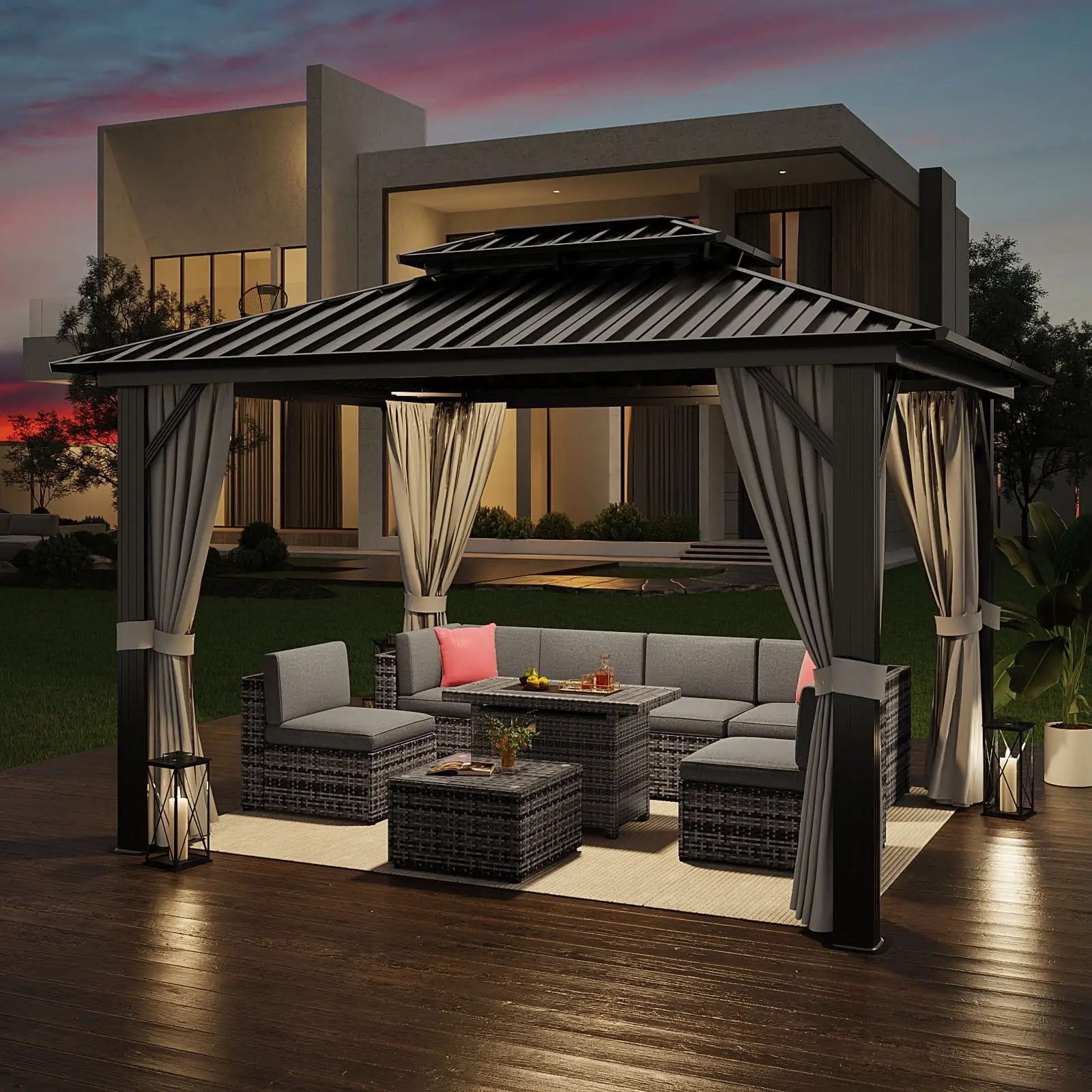 Aoxun 10'x12' Hardtop Gazebo. Outdoor Steel Double Roof Canopy. Aluminum Frame Permanent Pavilion with Curtains and Netting. Sunshade for Garden. Patio. Lawns. Black