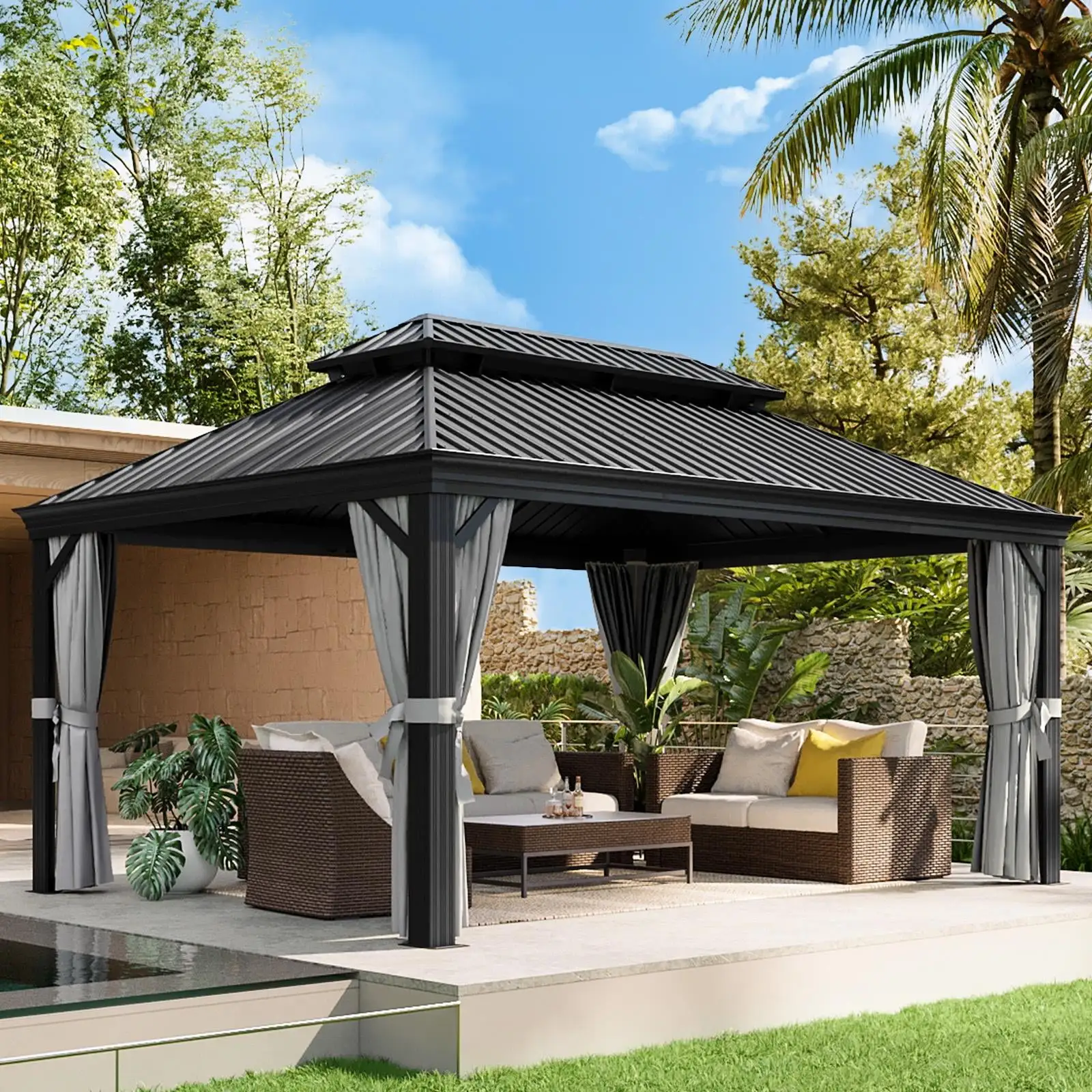 Aoxun 12 ft. x 16 ft. Outdoor Hardtop Gazebo. Galvanized Steel Double Roof Gazebo with Curtain and Netting