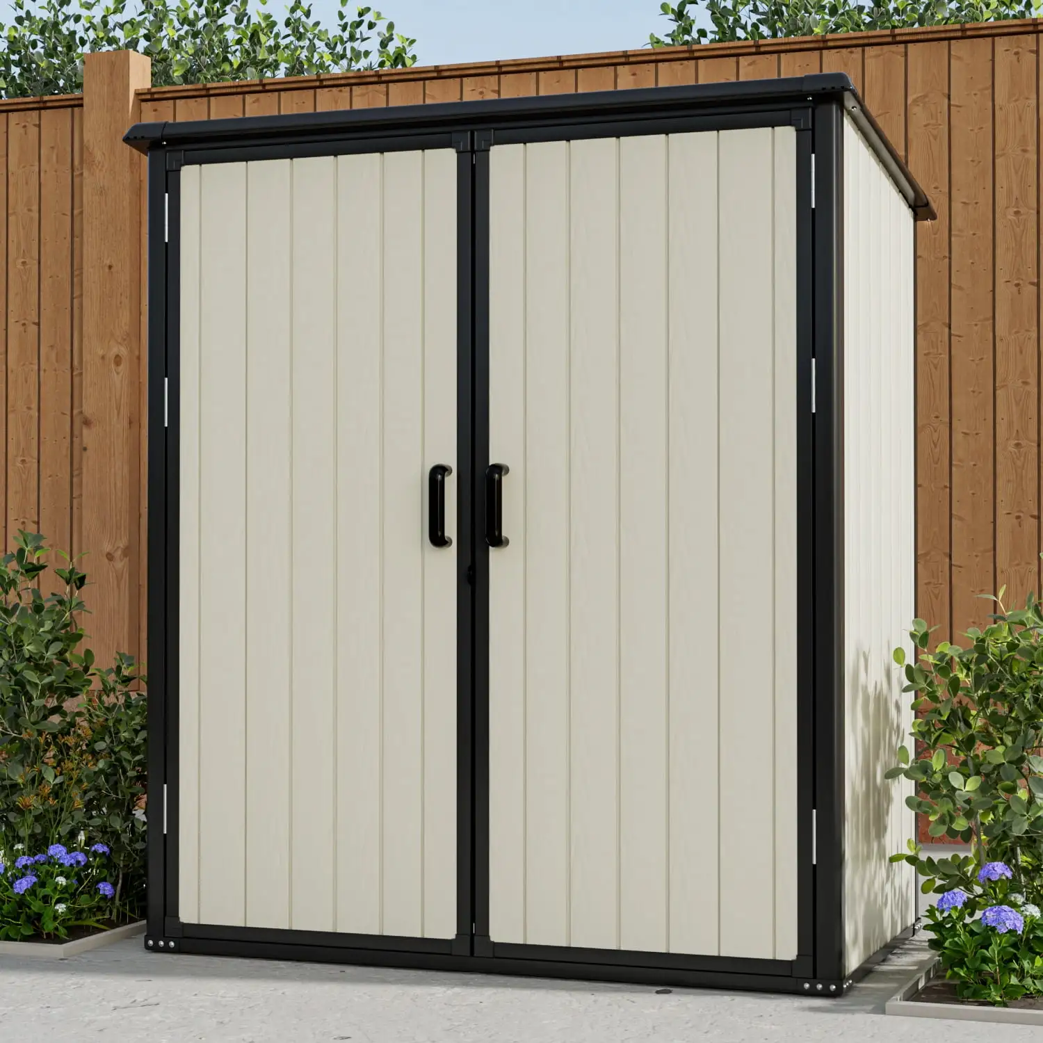 Aoxun 4.7' x 5.3' Resin Outdoor Storage Shed. with Lockable door. with Reinforced Floor. Waterproof. All-Weather for Backyard. Patio. Beige & Black