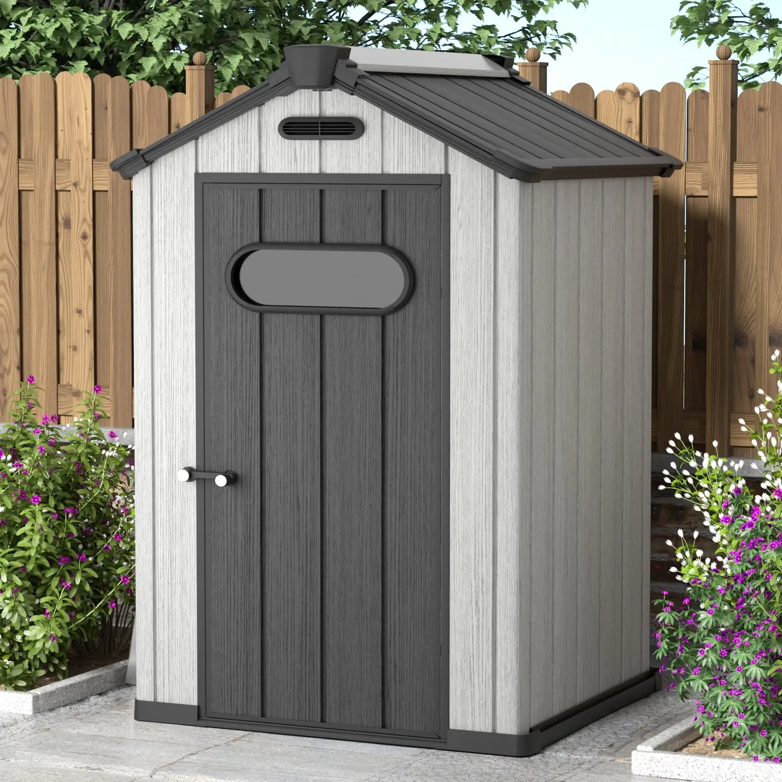 Aoxun 4' x 4' Resin Outdoor small Storage Shed. Plastic Storage Shed with Lockable Door for Backyard. Black & Grey