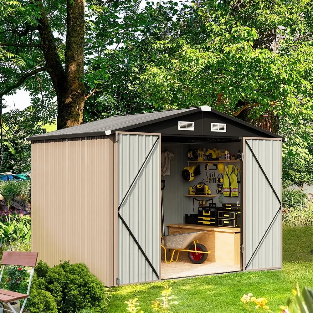 Aoxun 8' x 6' FT Outdoor Storage Shed with Floor Frame. Metal Garden Tool Shedwith Lockable Door. Sheds & Outdoor Storage Galvanized Steel for Backyard. Patio. Lawn