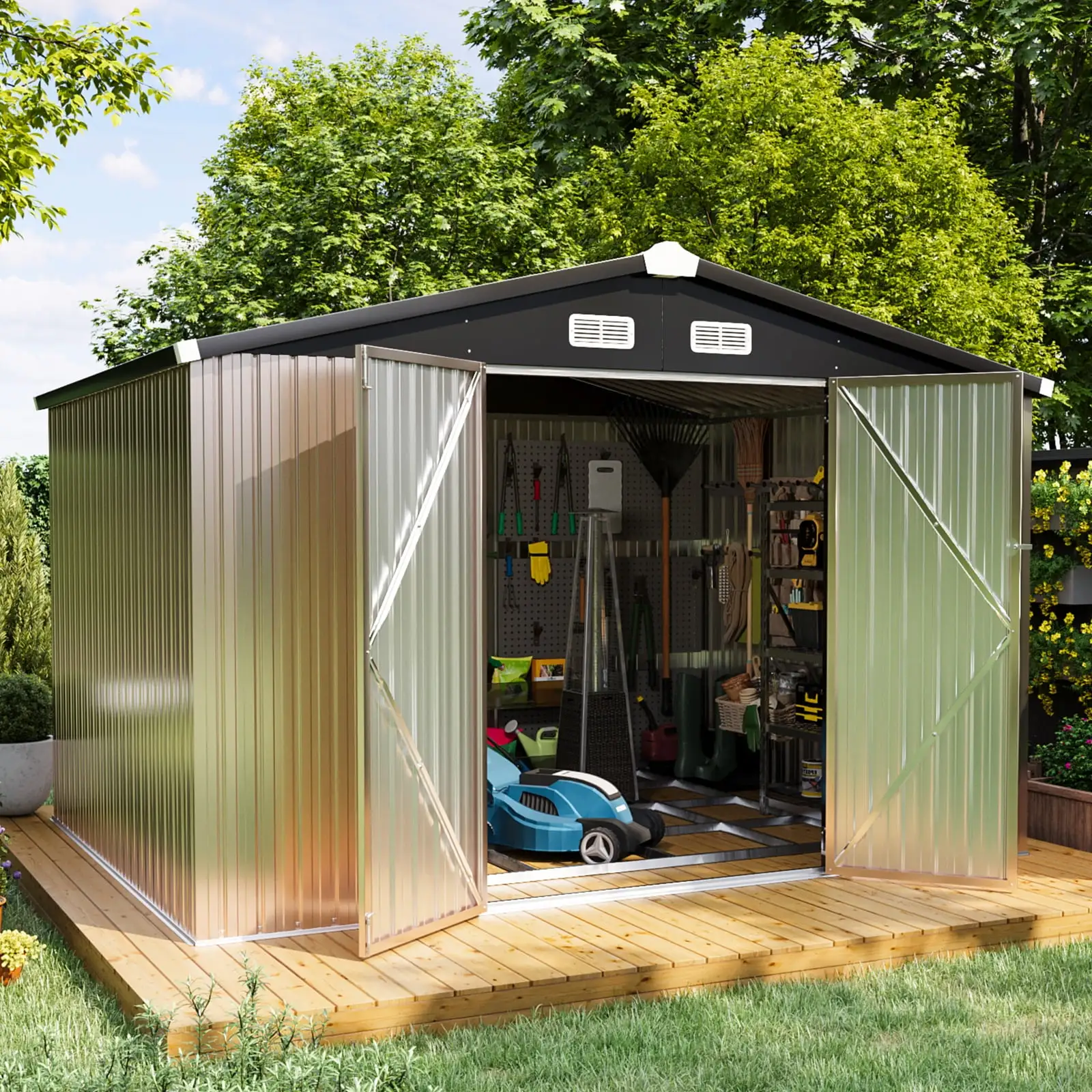 Aoxun 9.7' x 7.6' Outdoor Storage Shed with Base Frame. Metal Garden Shed with Lockable Door for Patio. Backyard(Floor not included)