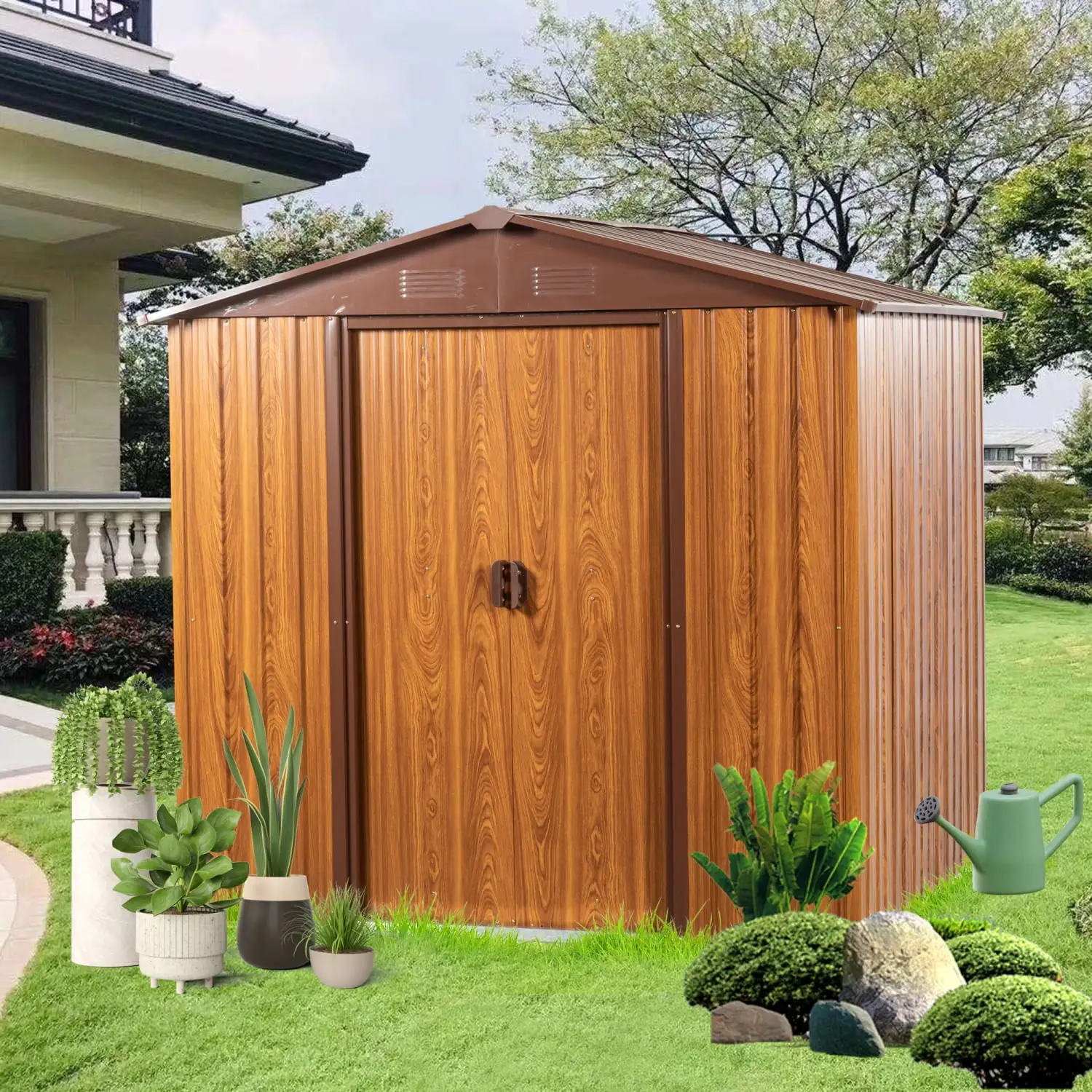 Appealing 6 Ft. W X 6 Ft. D Metal Storage Shed with Horizontal Woodgrain Siding and Coffee Trim for a Stylish Addition to Your Outdoor Space. Perfect for Storing Tools Equipment and Mor