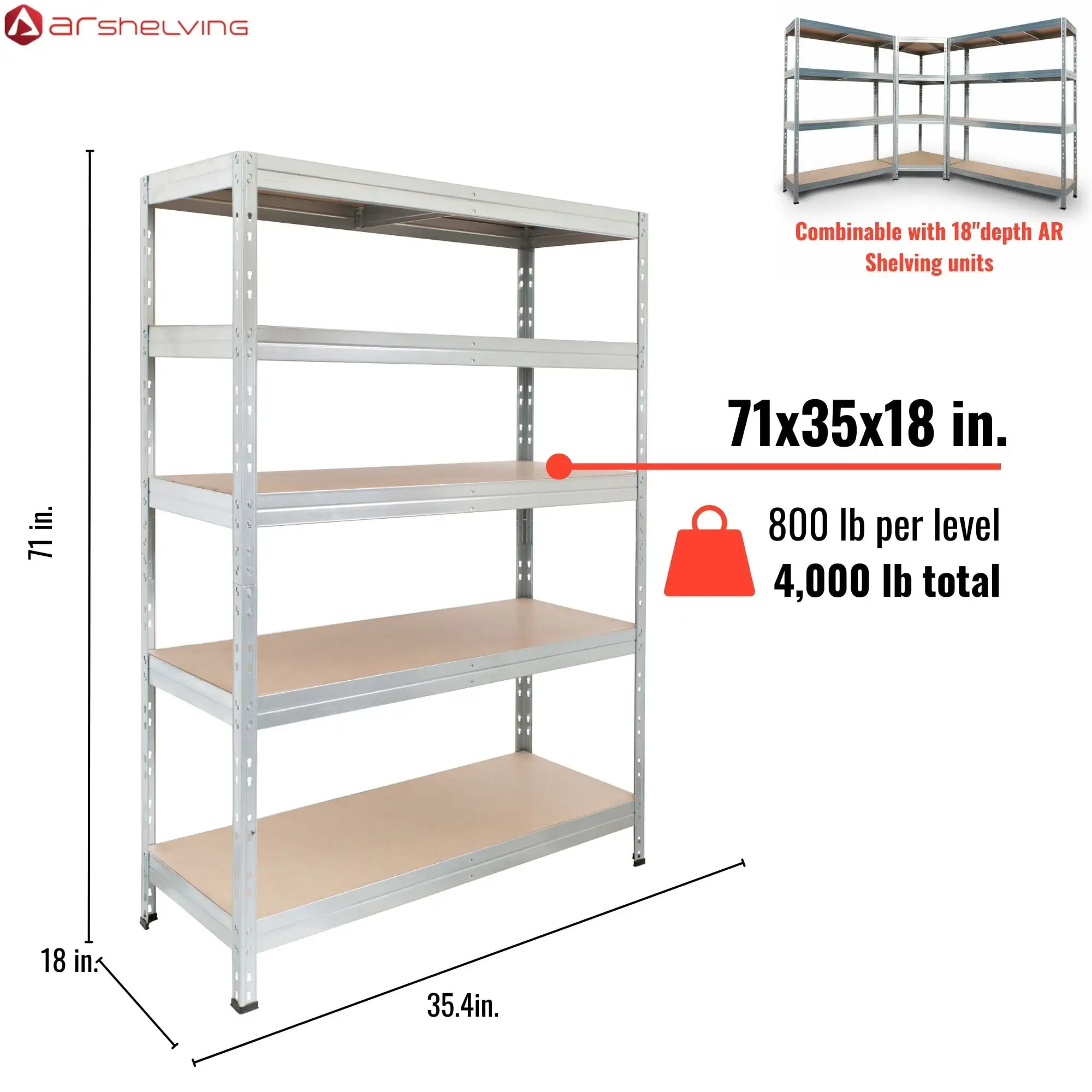 Ar Shelving Heavy Duty 35 x 18 x 71 in. Galvanized 5-Tier Freestanding Shelf Unit - 4.000 lbs