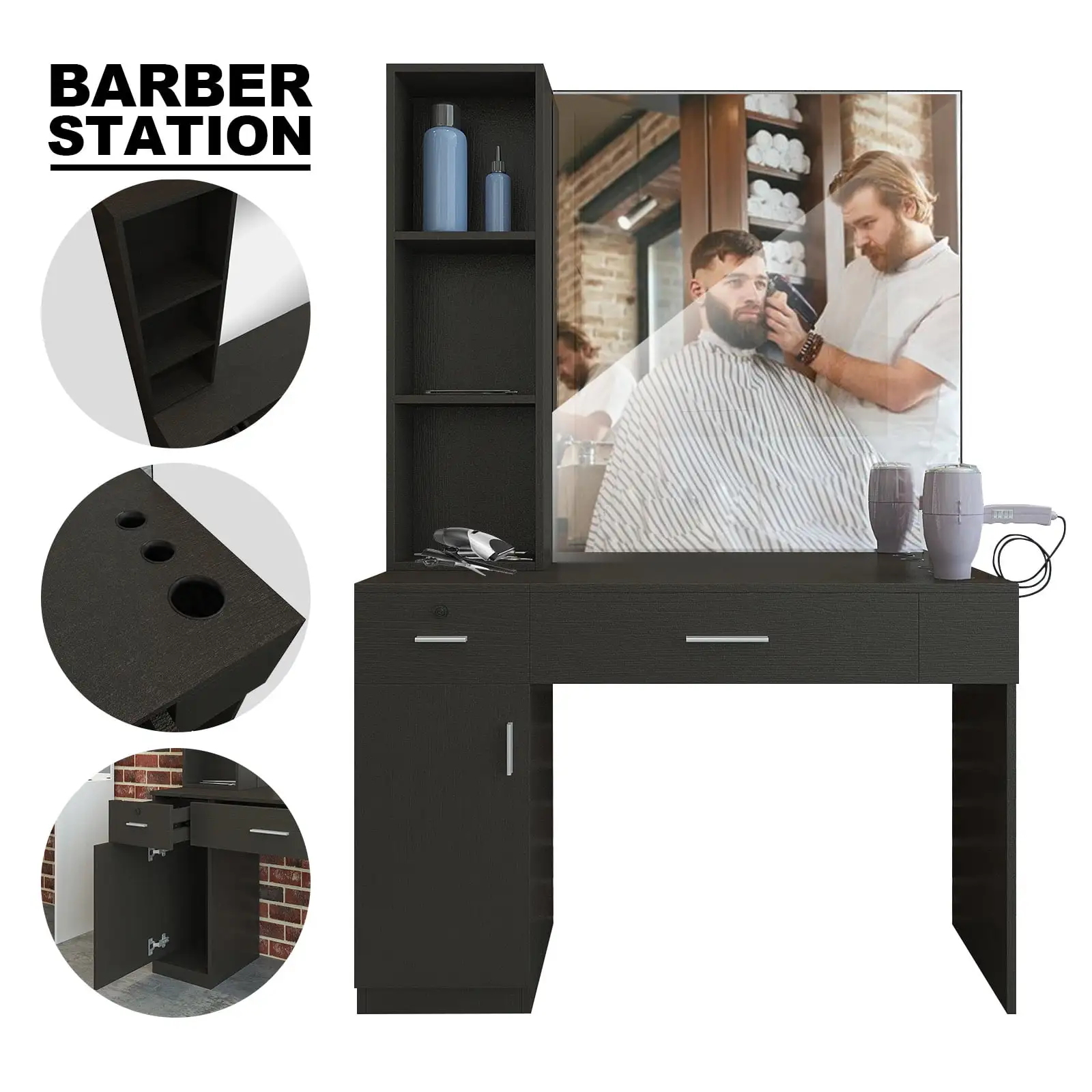 Artist hand Wall Mount Salon Barber Station Beauty Spa Hair Styling Equipment with Mirror.Shelf.Drawer.Cabinet(Black)