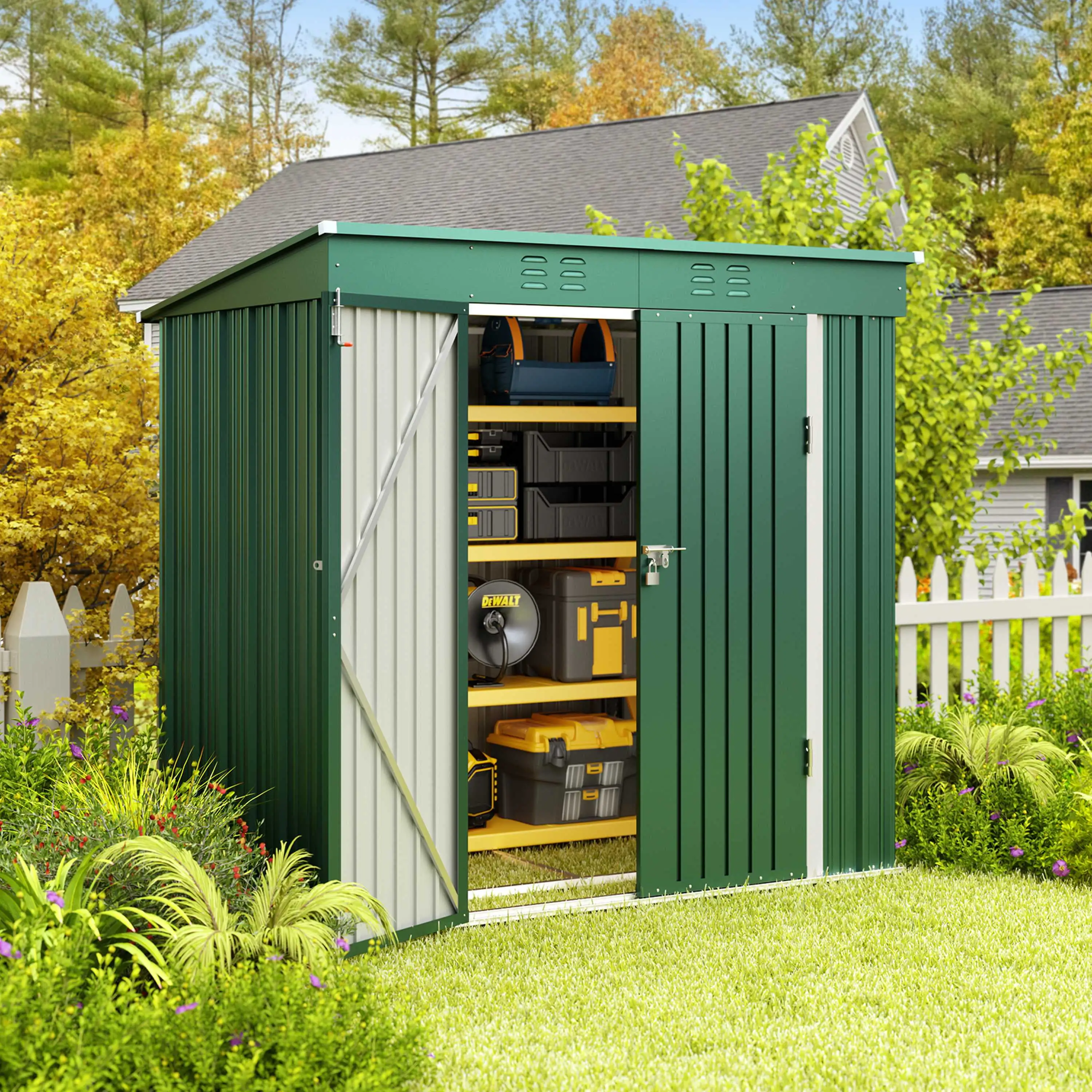 Asofer 6' x 4' ft Outdoor Storage Shed. Metal Garden Tool Shed. With Lockable Door. Waterproof. Green