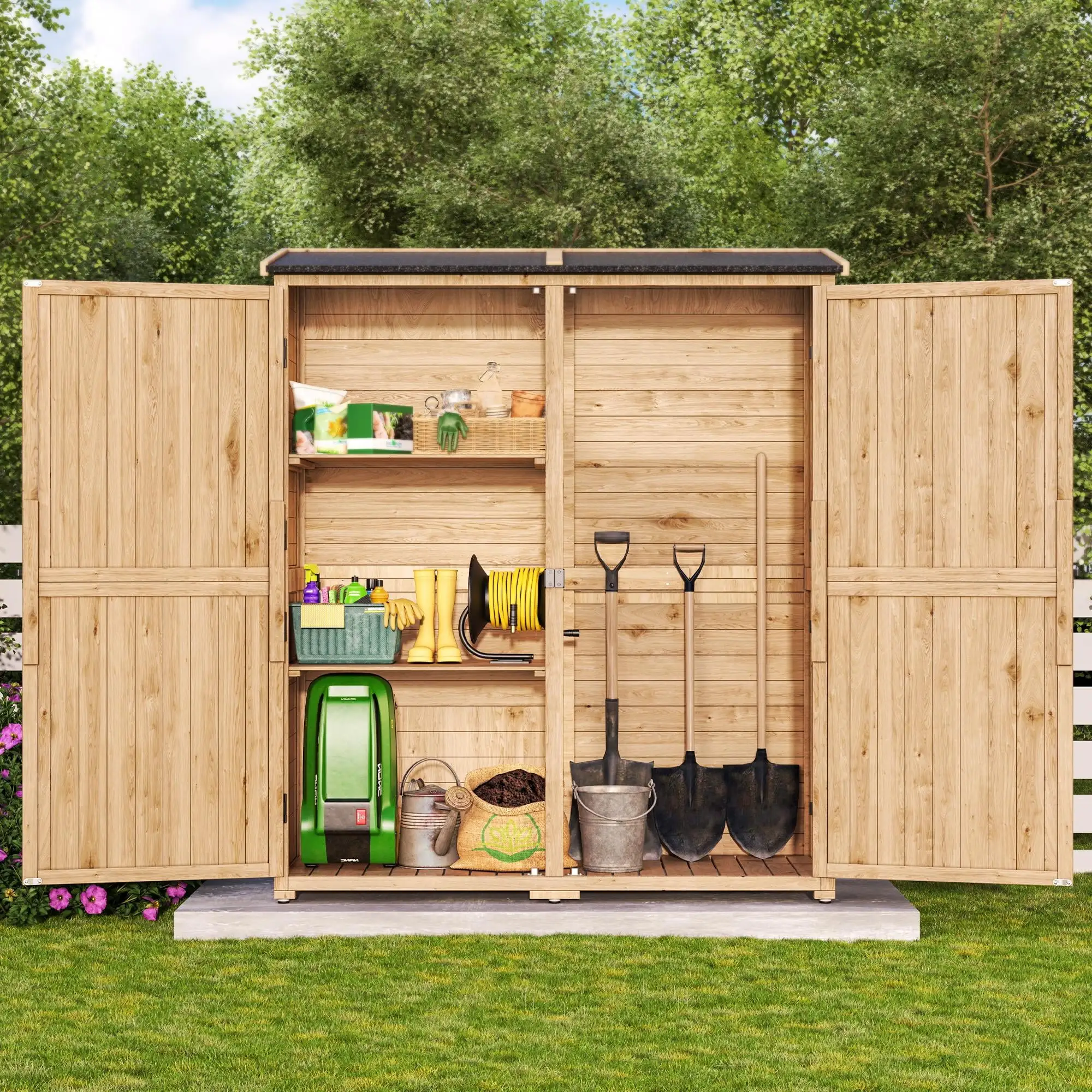 Asofer Outdoor Storage Cabinet with Waterproof Roof. Wooden Garden Shed with 2 Lockable Doors and 2 Removable Shelves