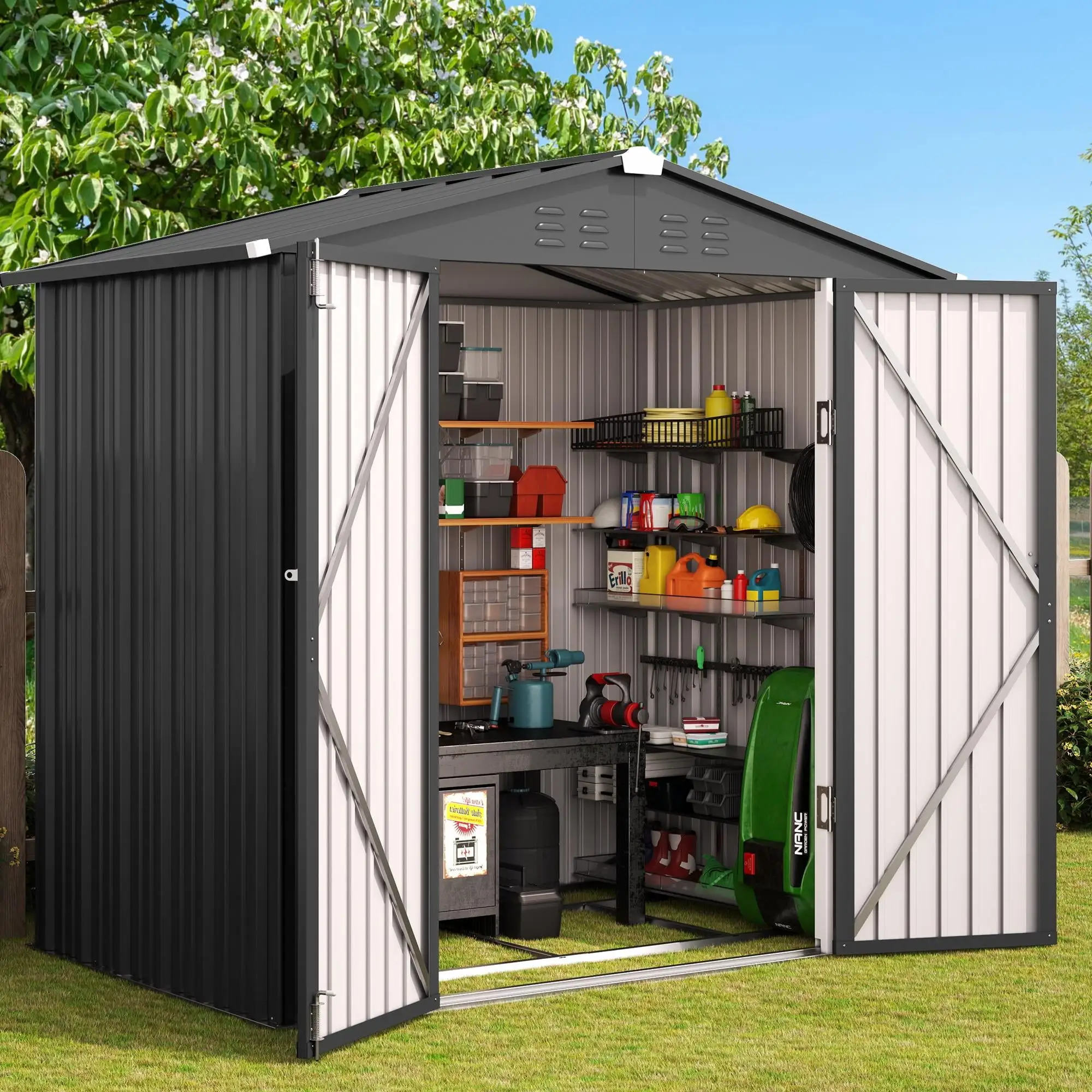 Asofer Outdoor Storage Shed 6 x 4 FT. Lockable Doors Galvanized Metal Garden Shed for Backyard. Garden. Patio