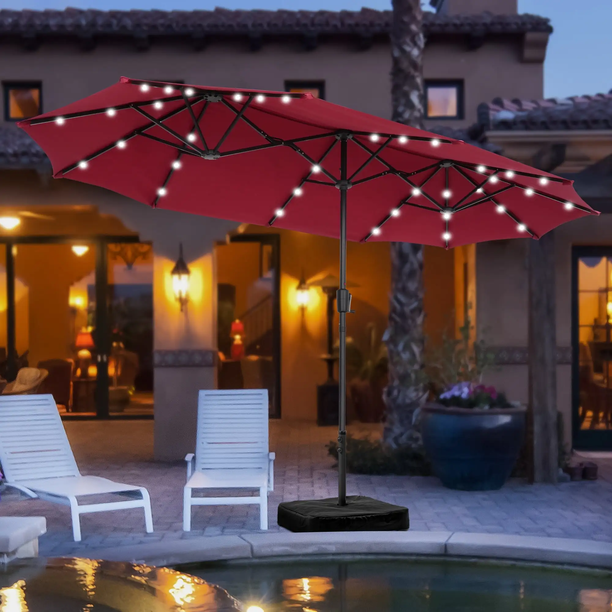 Autlaycil 13ft Patio Solar Umbrella LED Patio Market with Crank Outdoor and Umbrella Base. Red