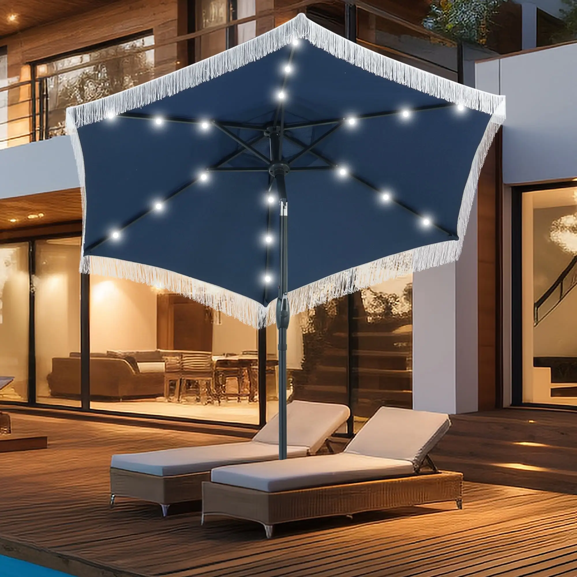 Autlaycil 7.5 ft Patio Umbrella with Tassel. 18 LED Lights Solar Umbrella. Navy Blue