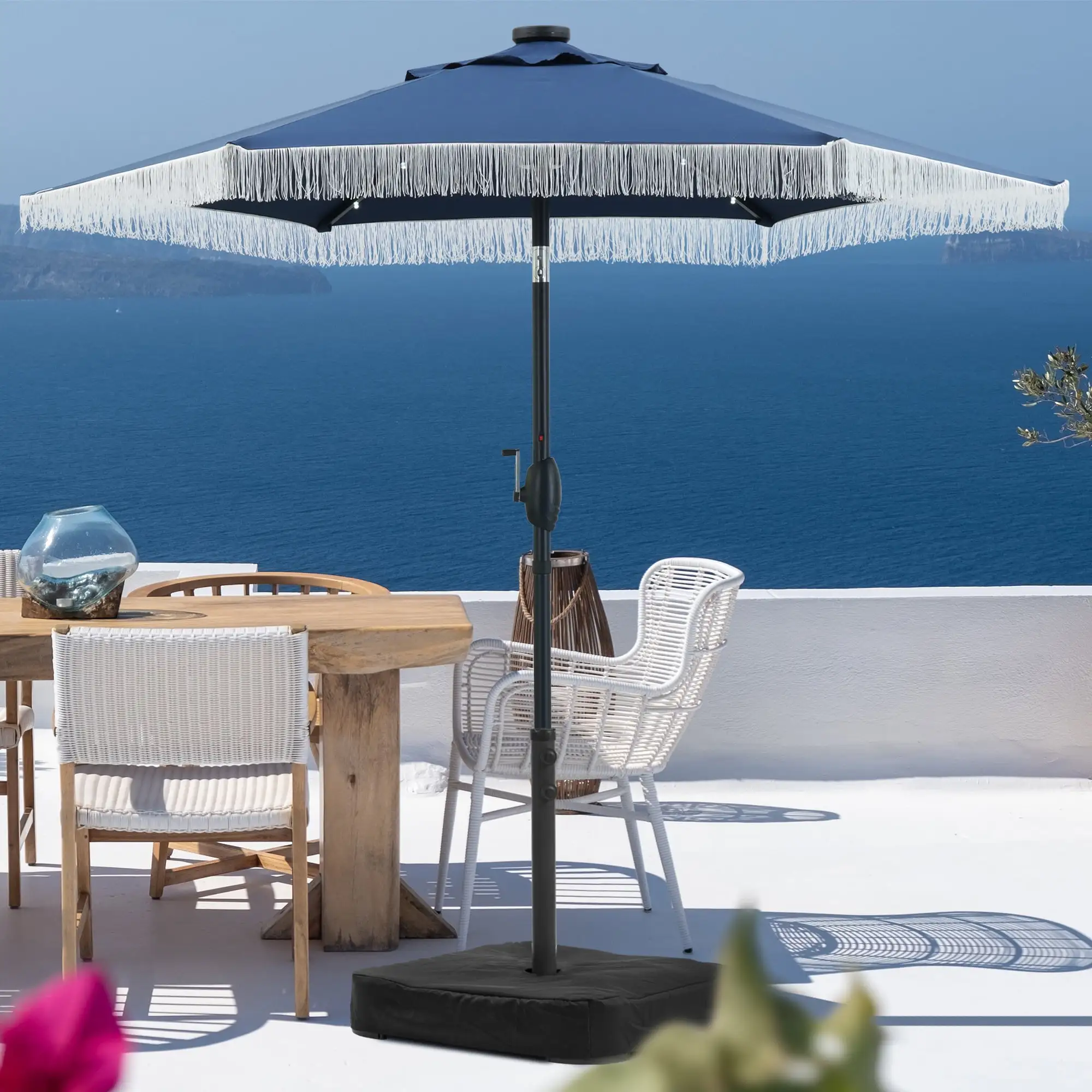 Autlaycil 7.5 ft Patio Umbrella with Tassel. 18 LED Lights Solar Umbrella with Umbrella Base. Navy Blue