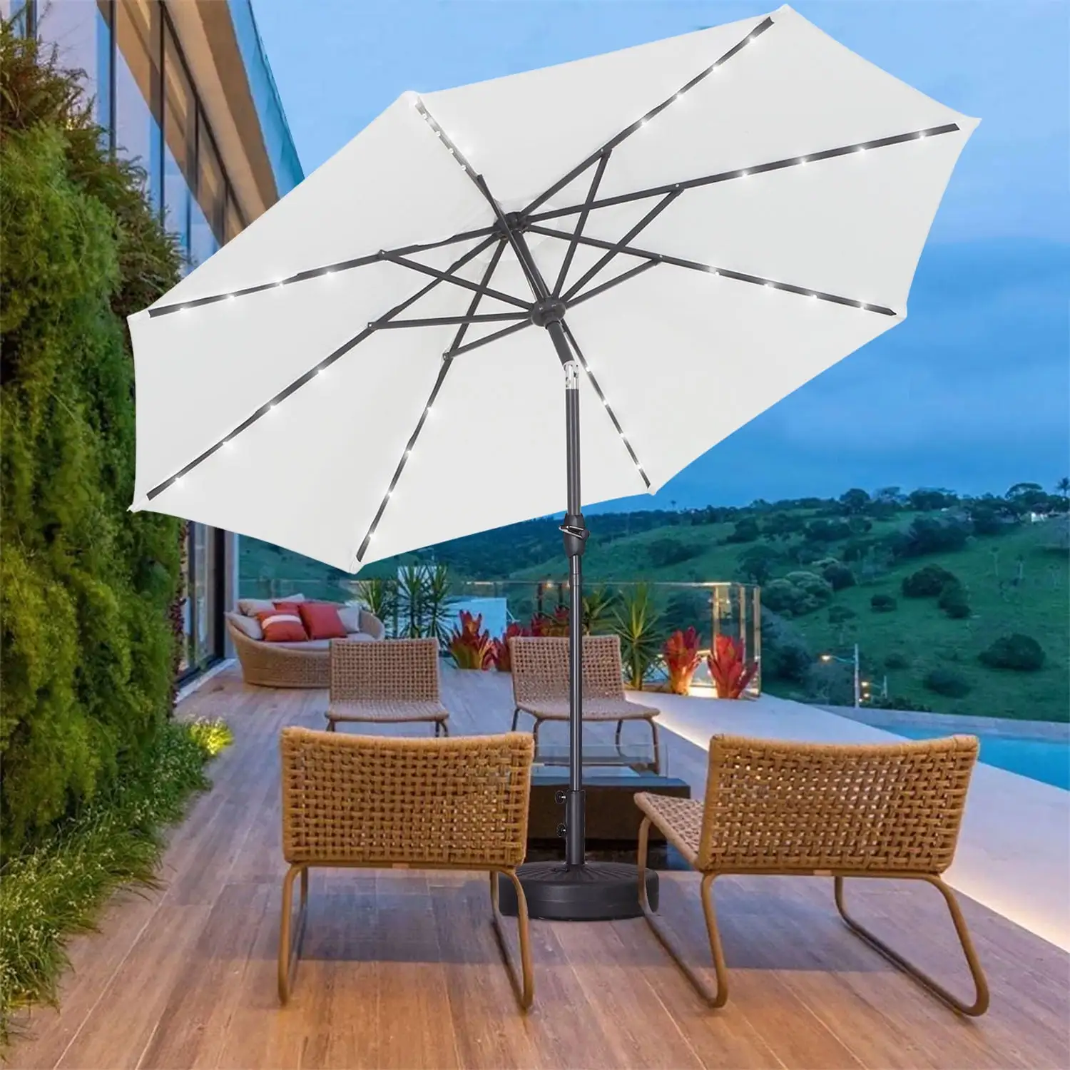 Autlaycil 9ft Solar Patio Umbrellas LED Patio Market Steel Tilt w/ Crank Outdoor. White