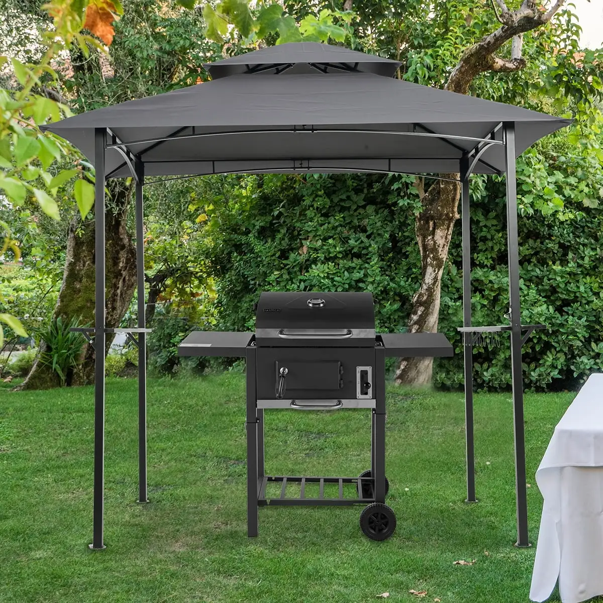 BBQ Grill Gazebo. 8 x 5 Ft Double Tiered Canopy Gazebo. Outdoor BBQ Gazebo Tent. Patio Canopy Shelter with Air Vent. Bar Counters. Hooks. Bottle Opener. for Camping Party Wedding. Gray. D6706