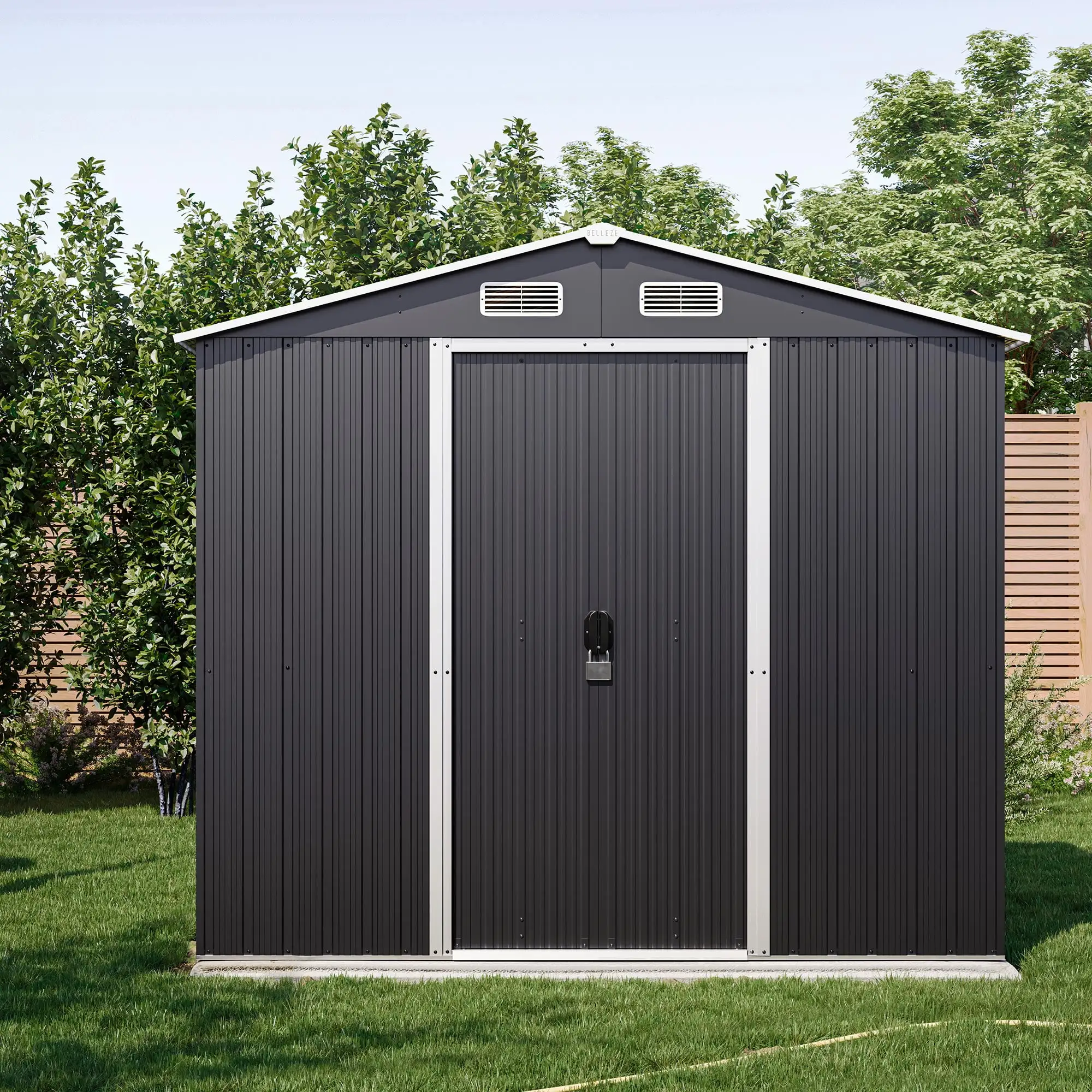 BELLEZE 8 x 6 FT Outdoor Storage Shed. Reinforced Garden Shed with Air Vent. Lockable Door. Weatherproof Metal Outside Storage Shed for Store Bike. Tools. Lawnmower. Outdoor Chairs in Backyard. Patio